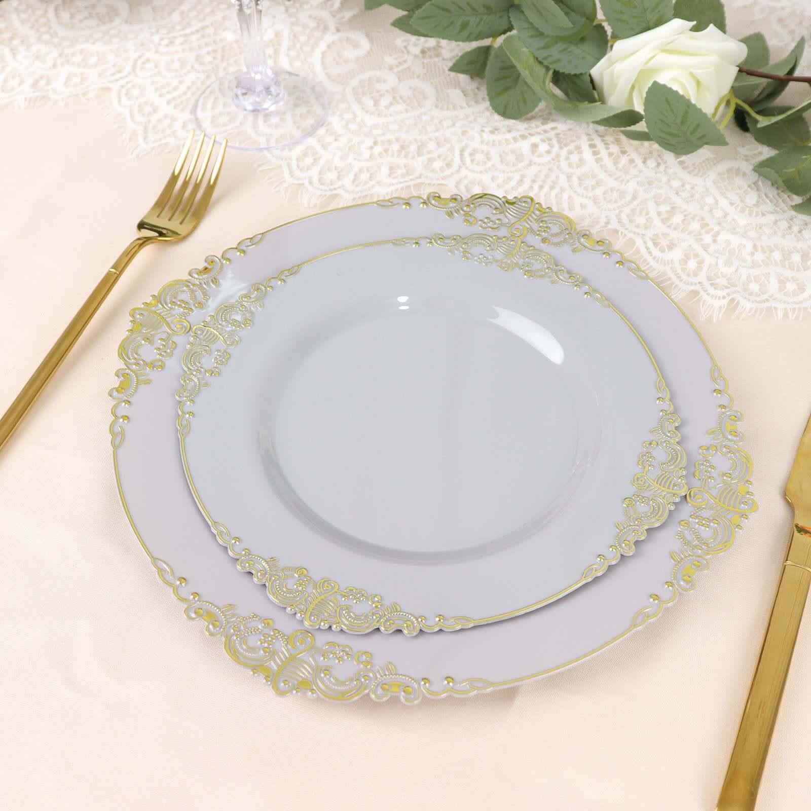 10-Pack Plastic Round Dessert Plates 8" Gray with Gold Leaf Embossed Rim - Vintage Baroque Style Disposable Salad Plates - Image 8