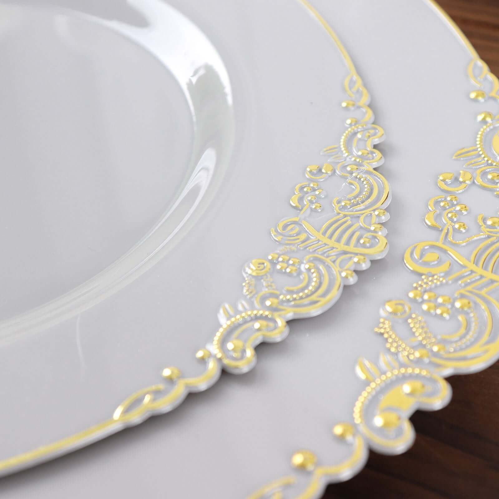 10-Pack Plastic Round Dessert Plates 8" Gray with Gold Leaf Embossed Rim - Vintage Baroque Style Disposable Salad Plates - Image 9