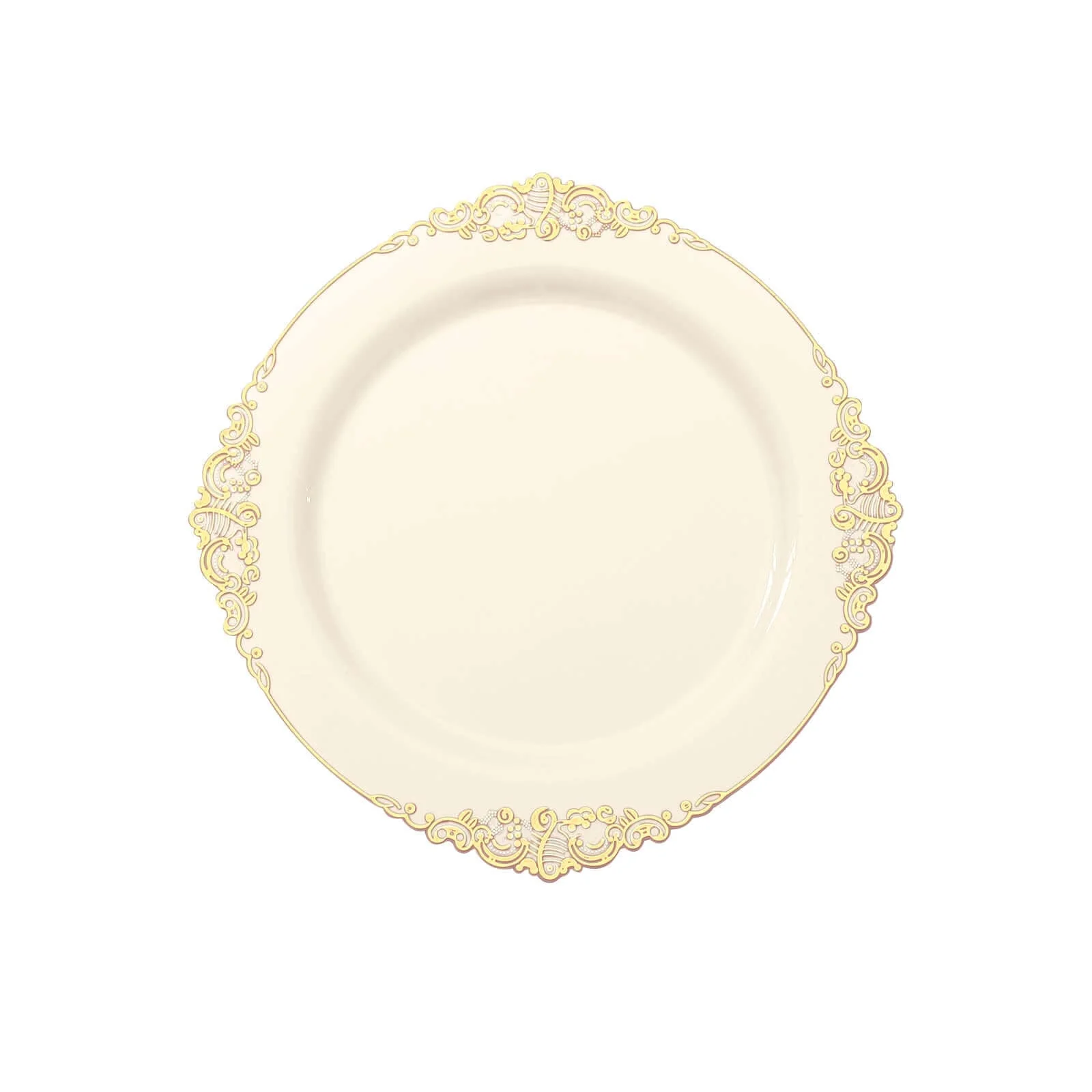 10-Pack Plastic Round Dessert Plates 8" Ivory with Gold Leaf Embossed Rim - Vintage Baroque Style Disposable Salad Plates - Image 7
