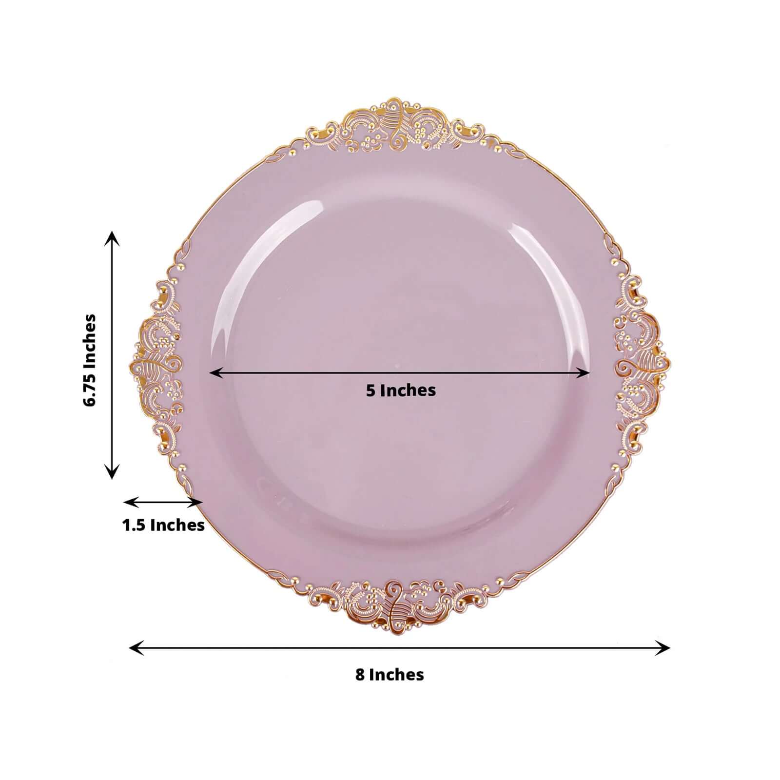 10-Pack Plastic Round Dessert Plates 8" Lavender Lilac with Gold Leaf Embossed Rim - Vintage Baroque Style Disposable Salad Plates - Image 3