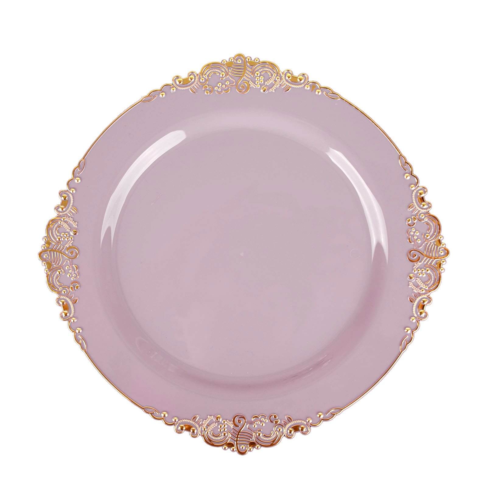 10-Pack Plastic Round Dessert Plates 8" Lavender Lilac with Gold Leaf Embossed Rim - Vintage Baroque Style Disposable Salad Plates - Image 7