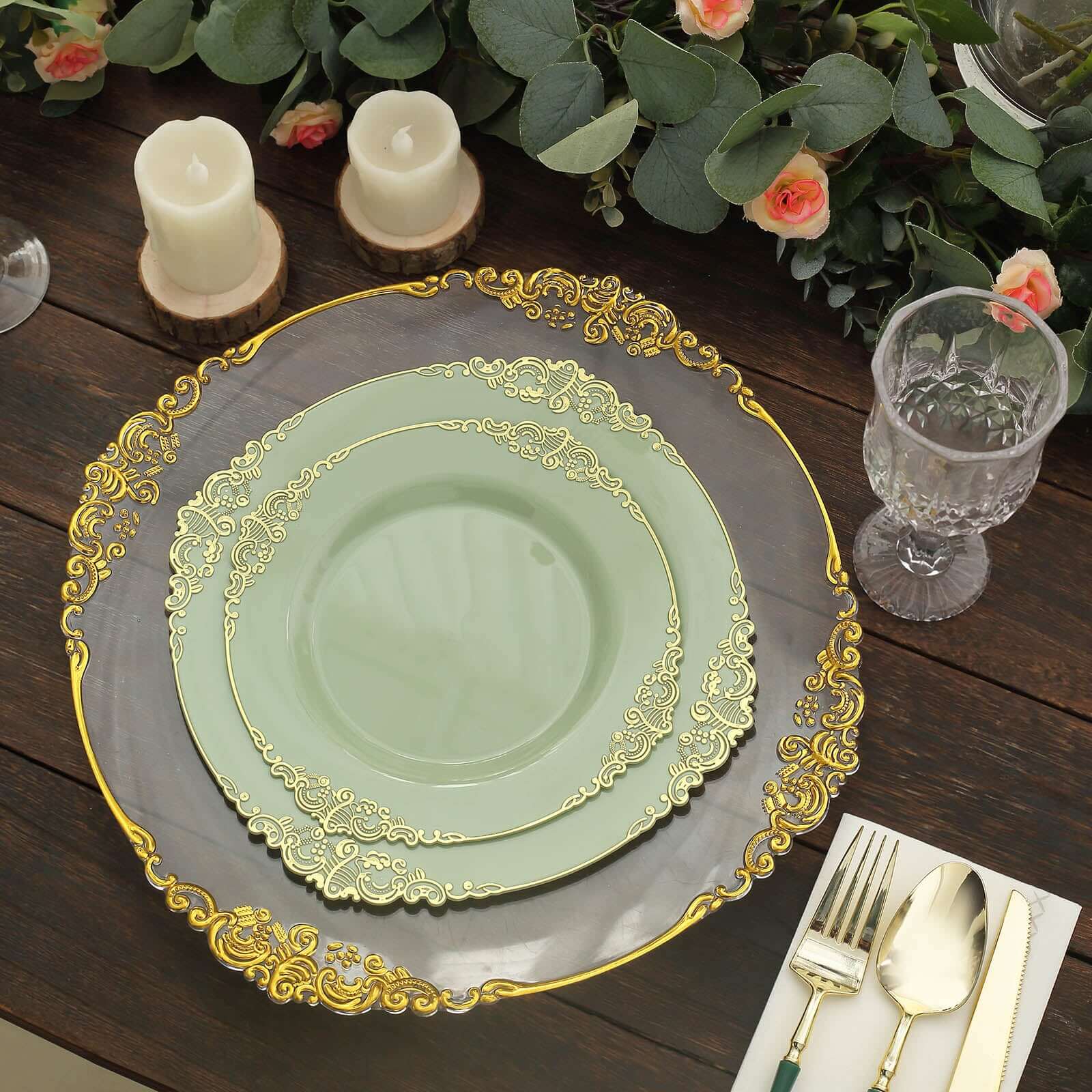 10-Pack Plastic Round Dessert Plates 8" Sage Green with Gold Leaf Embossed Rim - Vintage Baroque Style Disposable Salad Plates - Image 2