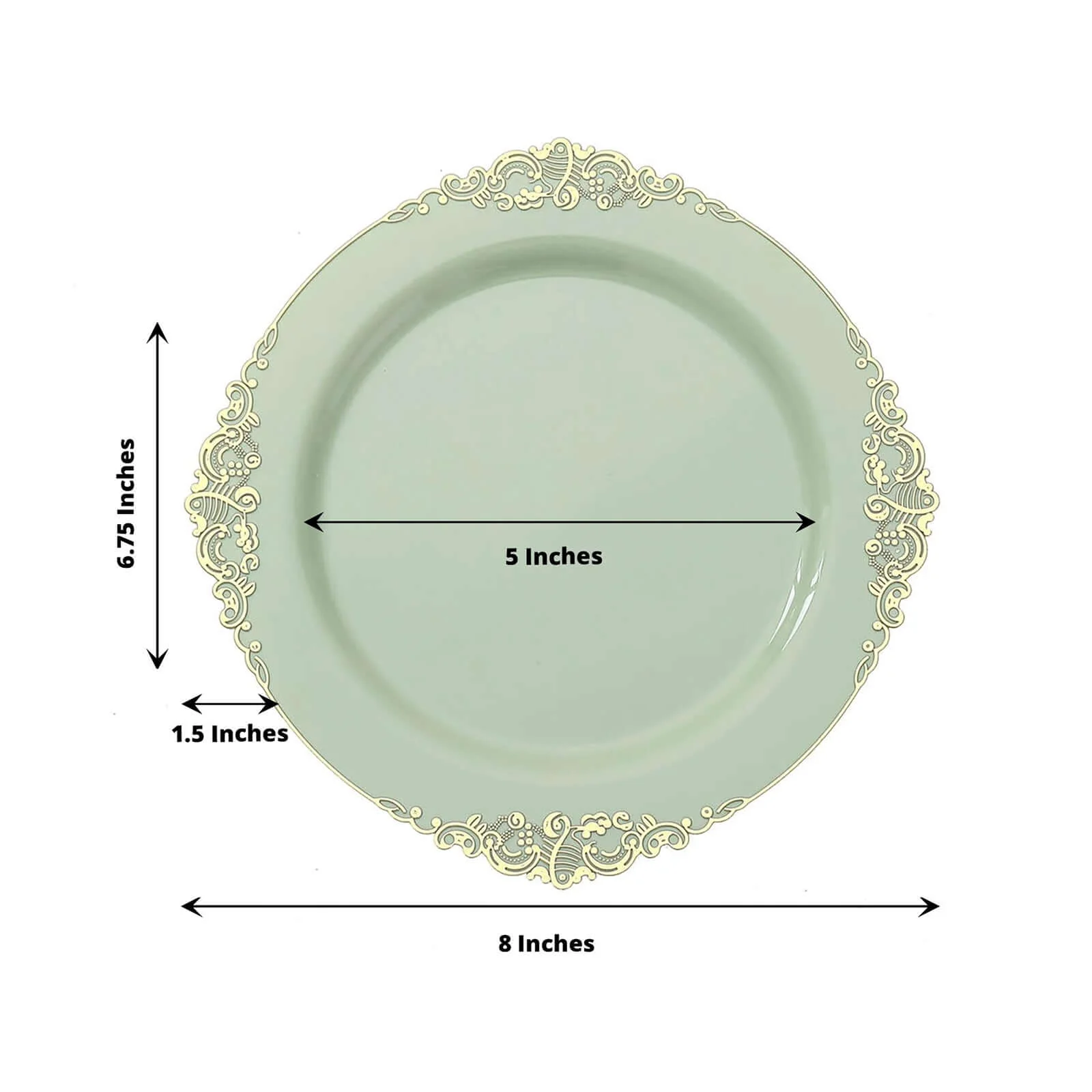10-Pack Plastic Round Dessert Plates 8" Sage Green with Gold Leaf Embossed Rim - Vintage Baroque Style Disposable Salad Plates - Image 3
