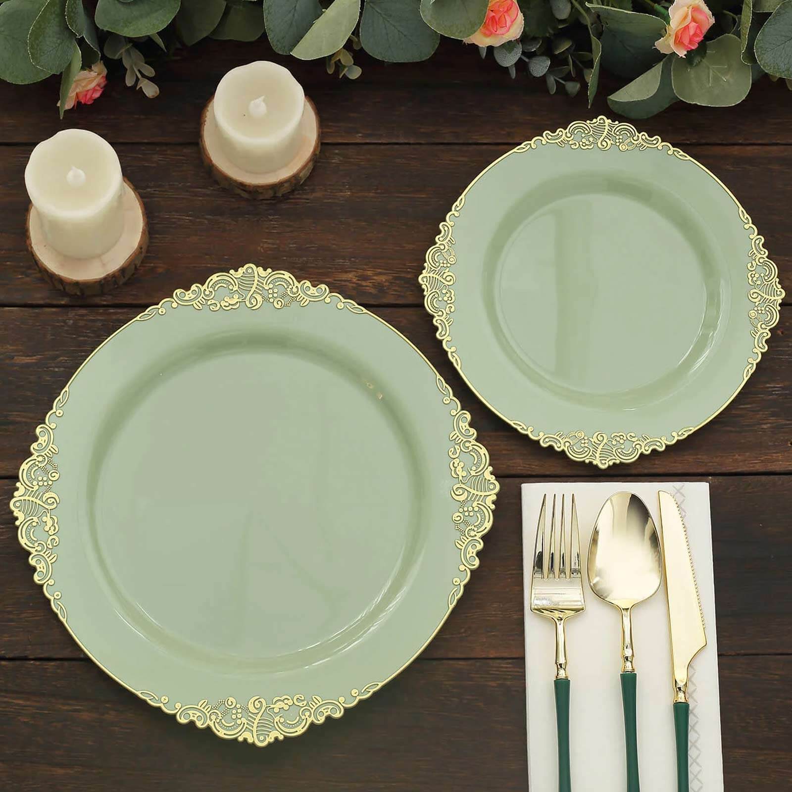10-Pack Plastic Round Dessert Plates 8" Sage Green with Gold Leaf Embossed Rim - Vintage Baroque Style Disposable Salad Plates - Image 6