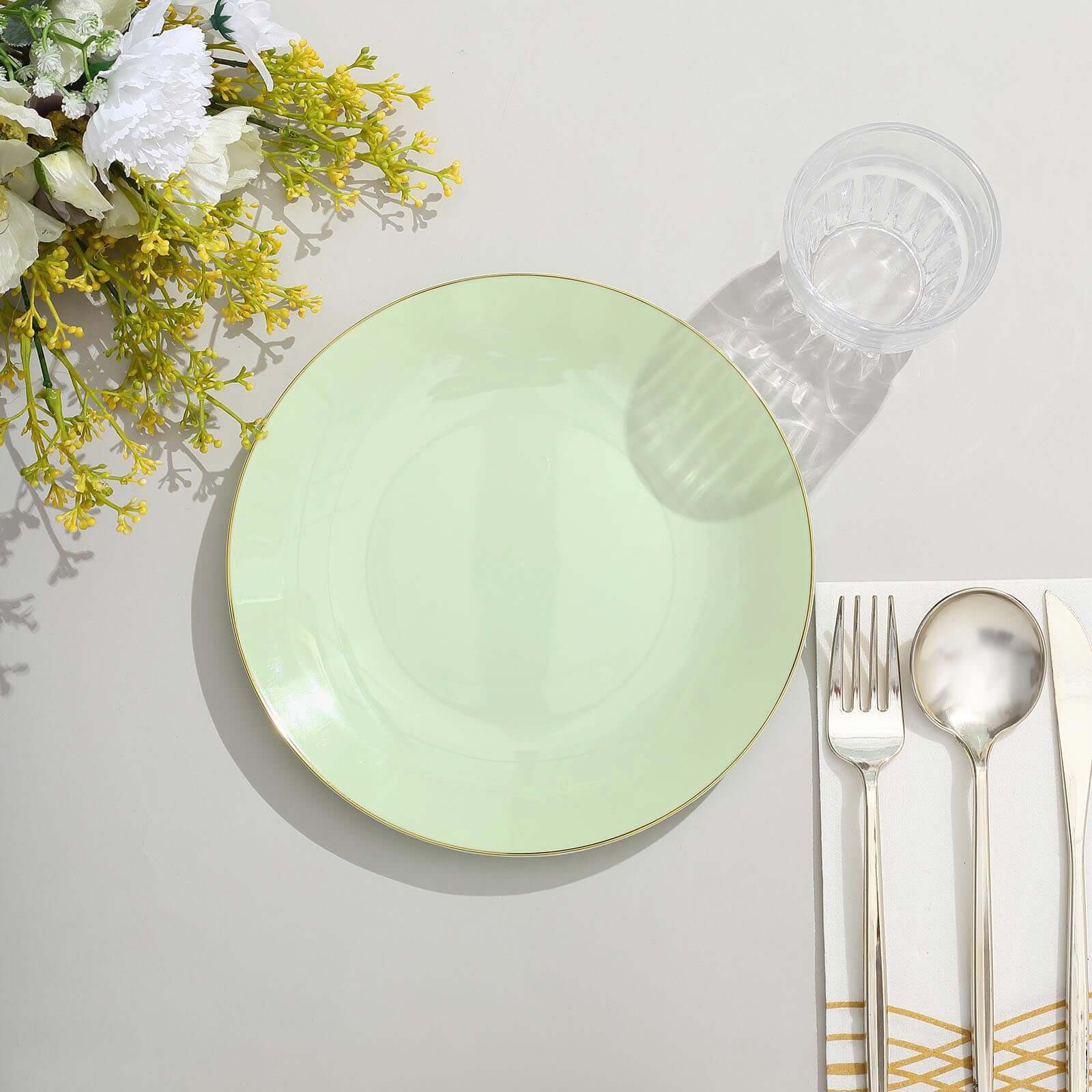 10-Pack Plastic Round Dessert Plates 8" Sage Green with Gold Rim - Glossy Disposable Appetizer Salad Plates - Image 2