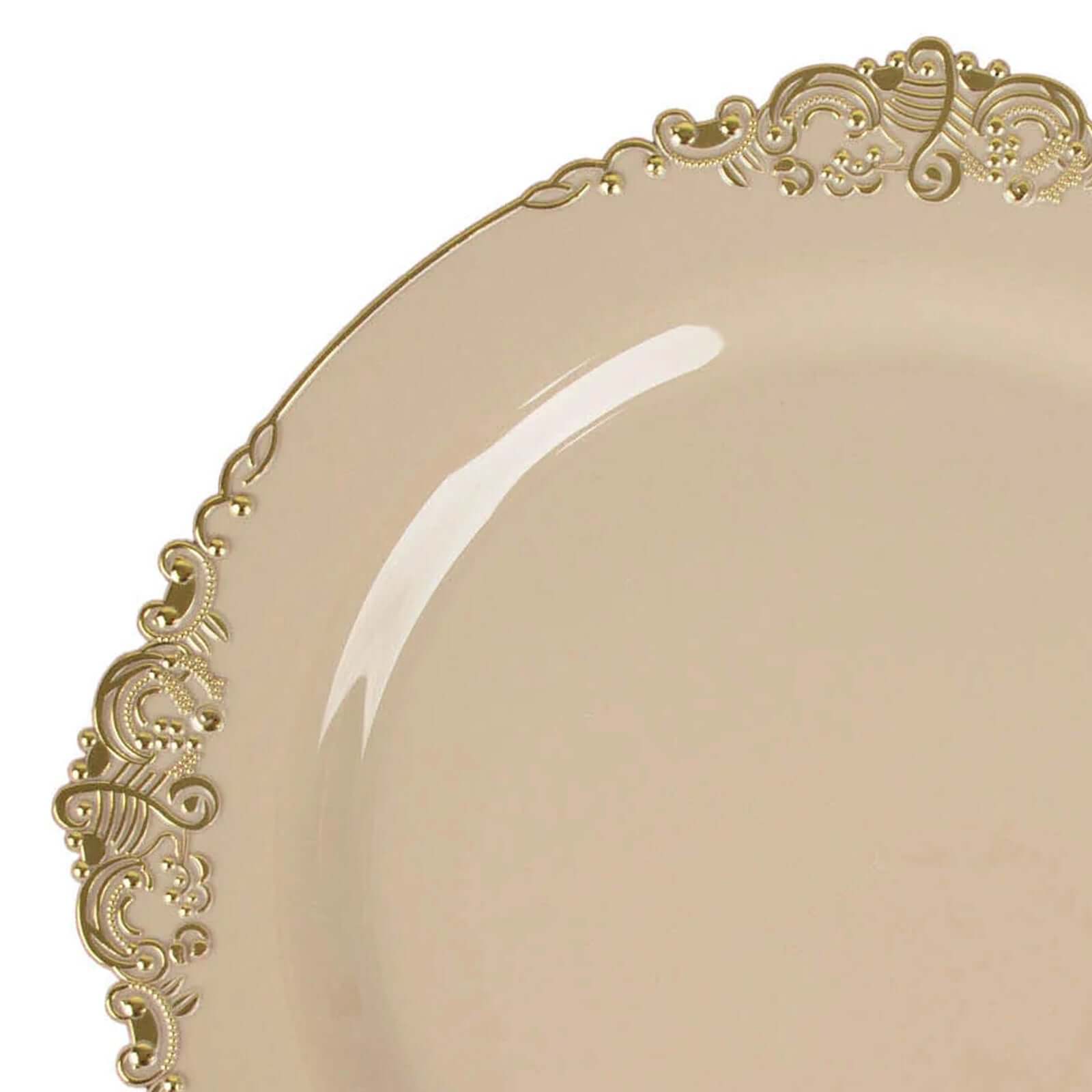 10-Pack Plastic Round Dessert Plates 8" Taupe with Gold Leaf Embossed Rim - Vintage Baroque Style Disposable Salad Plates - Image 8