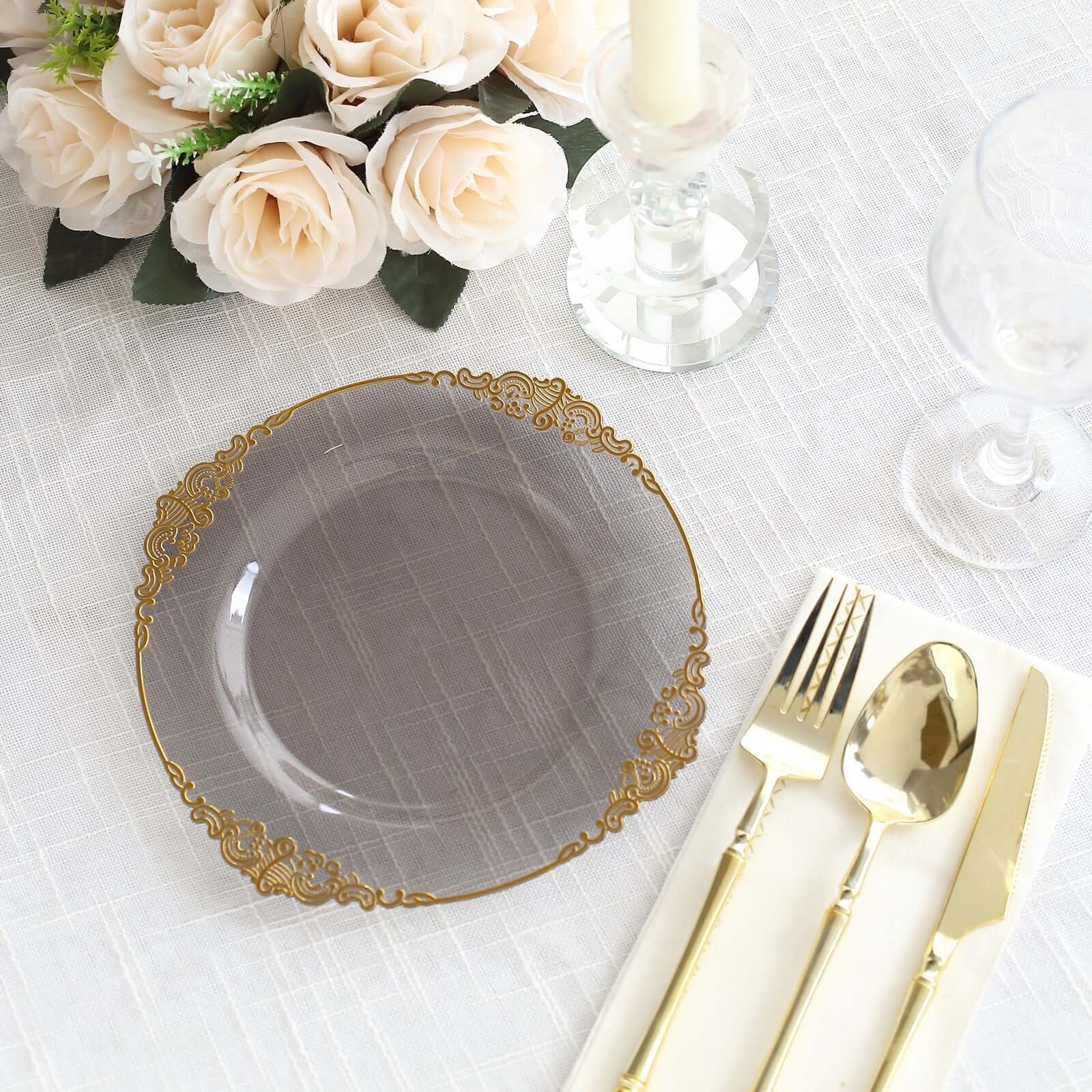 10-Pack Plastic Round Dessert Plates 8" Transparent Black with Gold Leaf Embossed Rim - Vintage Baroque Style Disposable Salad Plates - Image 10