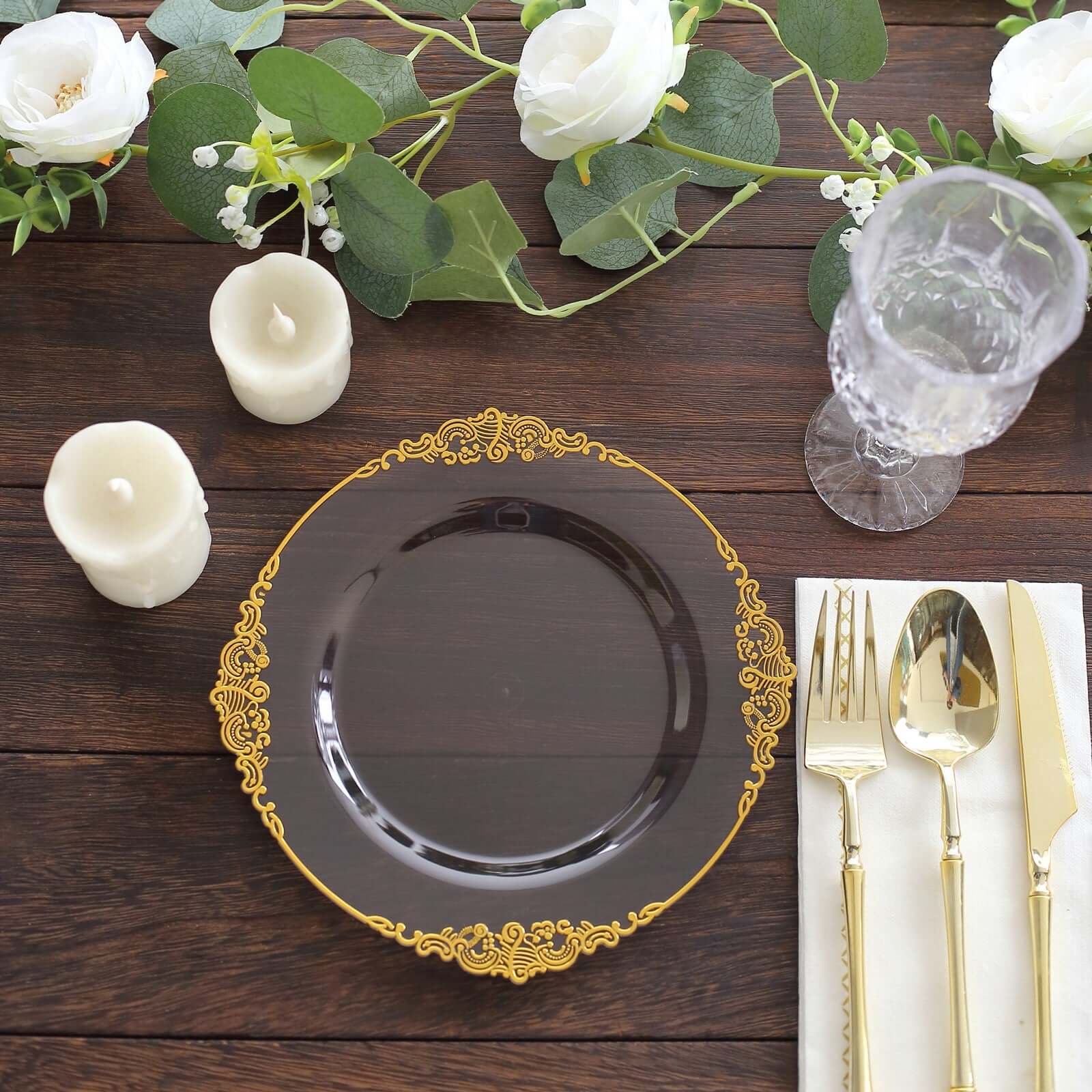 10-Pack Plastic Round Dessert Plates 8" Transparent Black with Gold Leaf Embossed Rim - Vintage Baroque Style Disposable Salad Plates - Image 11