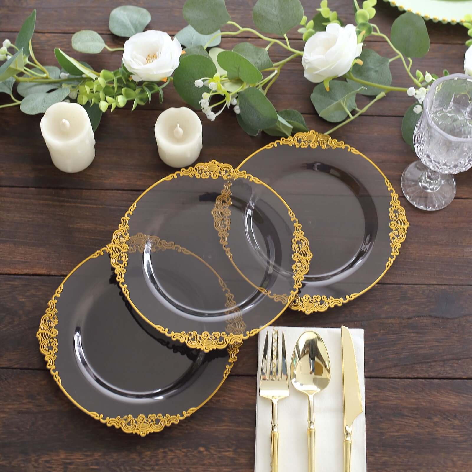 10-Pack Plastic Round Dessert Plates 8" Transparent Black with Gold Leaf Embossed Rim - Vintage Baroque Style Disposable Salad Plates - Image 2