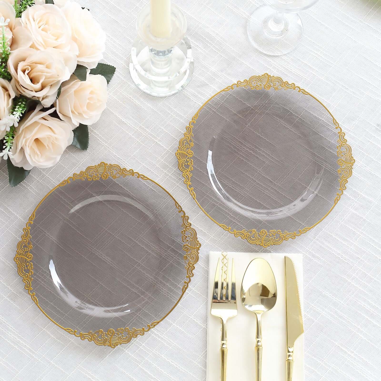 10-Pack Plastic Round Dessert Plates 8" Transparent Black with Gold Leaf Embossed Rim - Vintage Baroque Style Disposable Salad Plates - Image 9