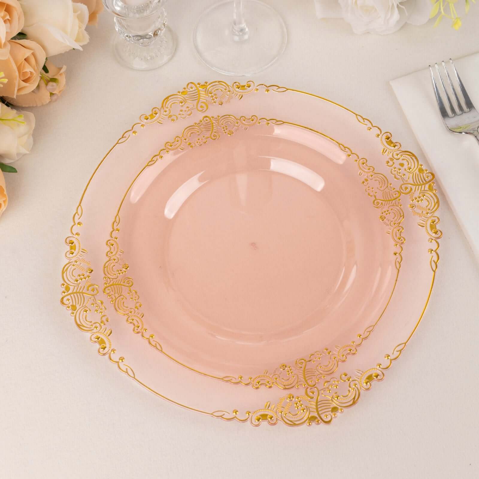10-Pack Plastic Round Dessert Plates 8" Transparent Blush with Gold Leaf Embossed Rim - Vintage Baroque Style Disposable Salad Plates - Image 6