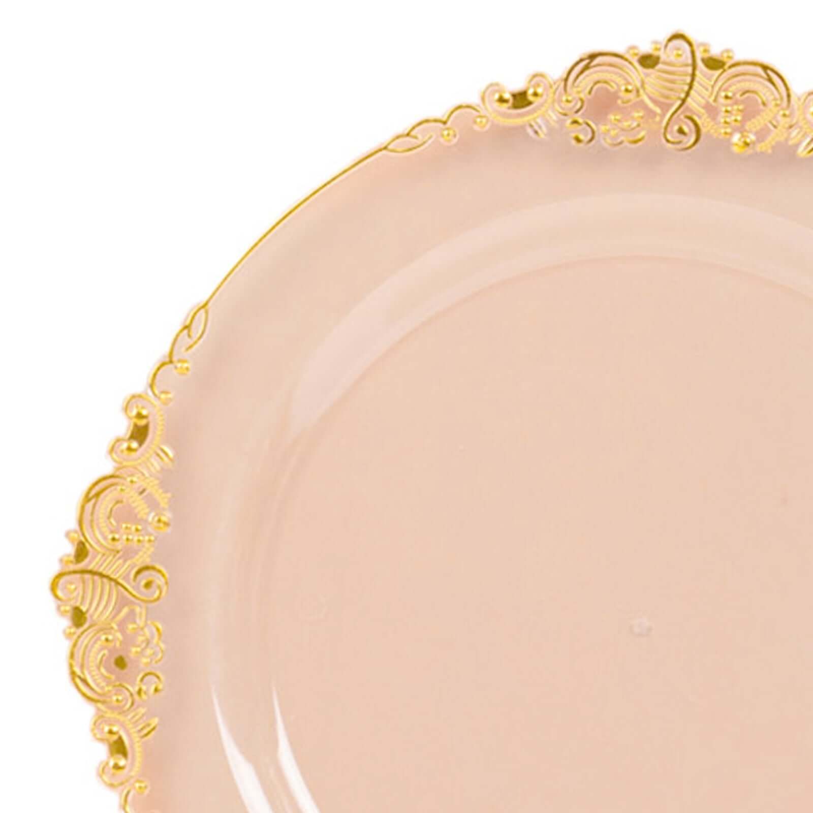 10-Pack Plastic Round Dessert Plates 8" Transparent Blush with Gold Leaf Embossed Rim - Vintage Baroque Style Disposable Salad Plates - Image 8