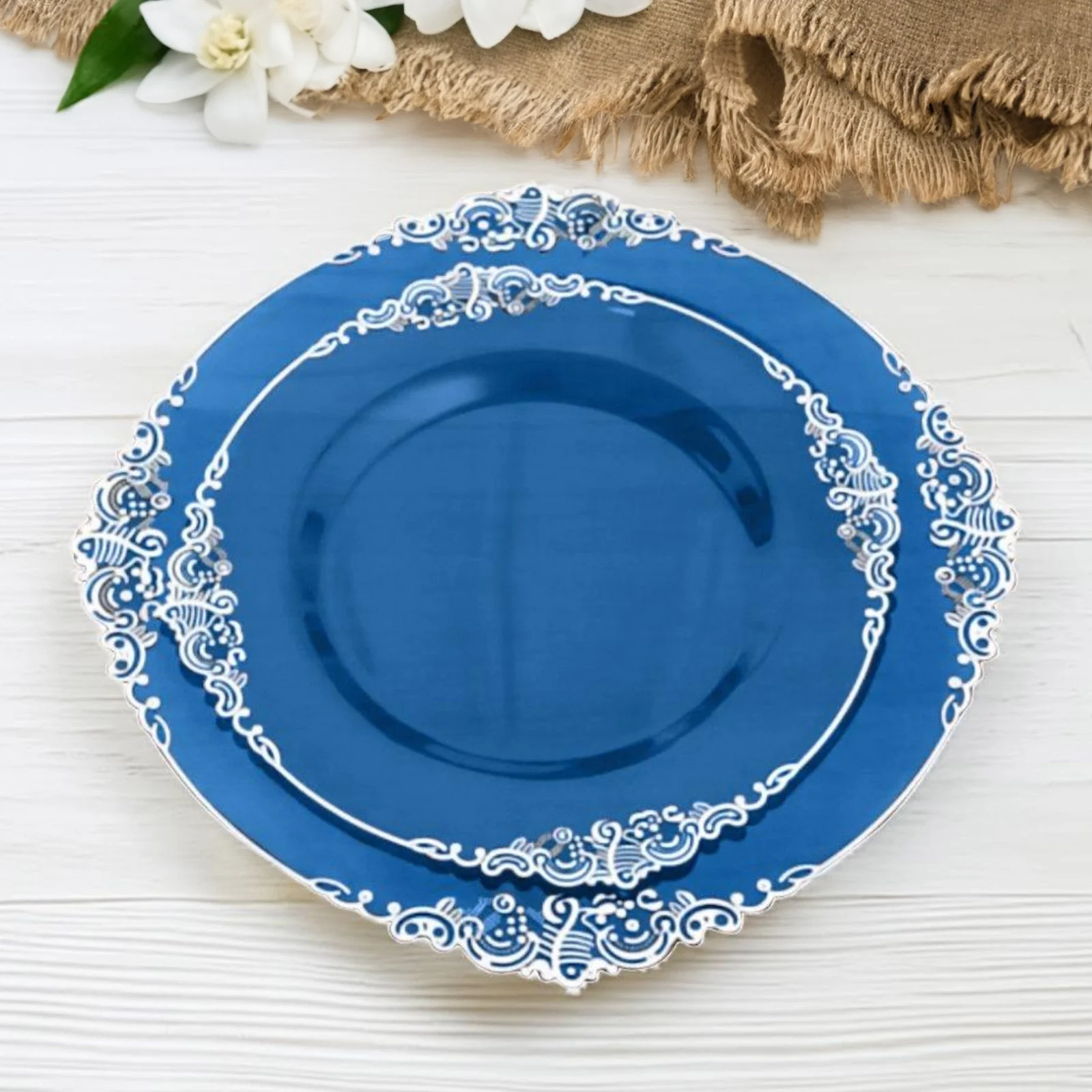 10-Pack Plastic Round Dessert Plates 8" Transparent Navy Blue with Silver Leaf Embossed Rim - Vintage Baroque Style Disposable Salad Plates - Image 3