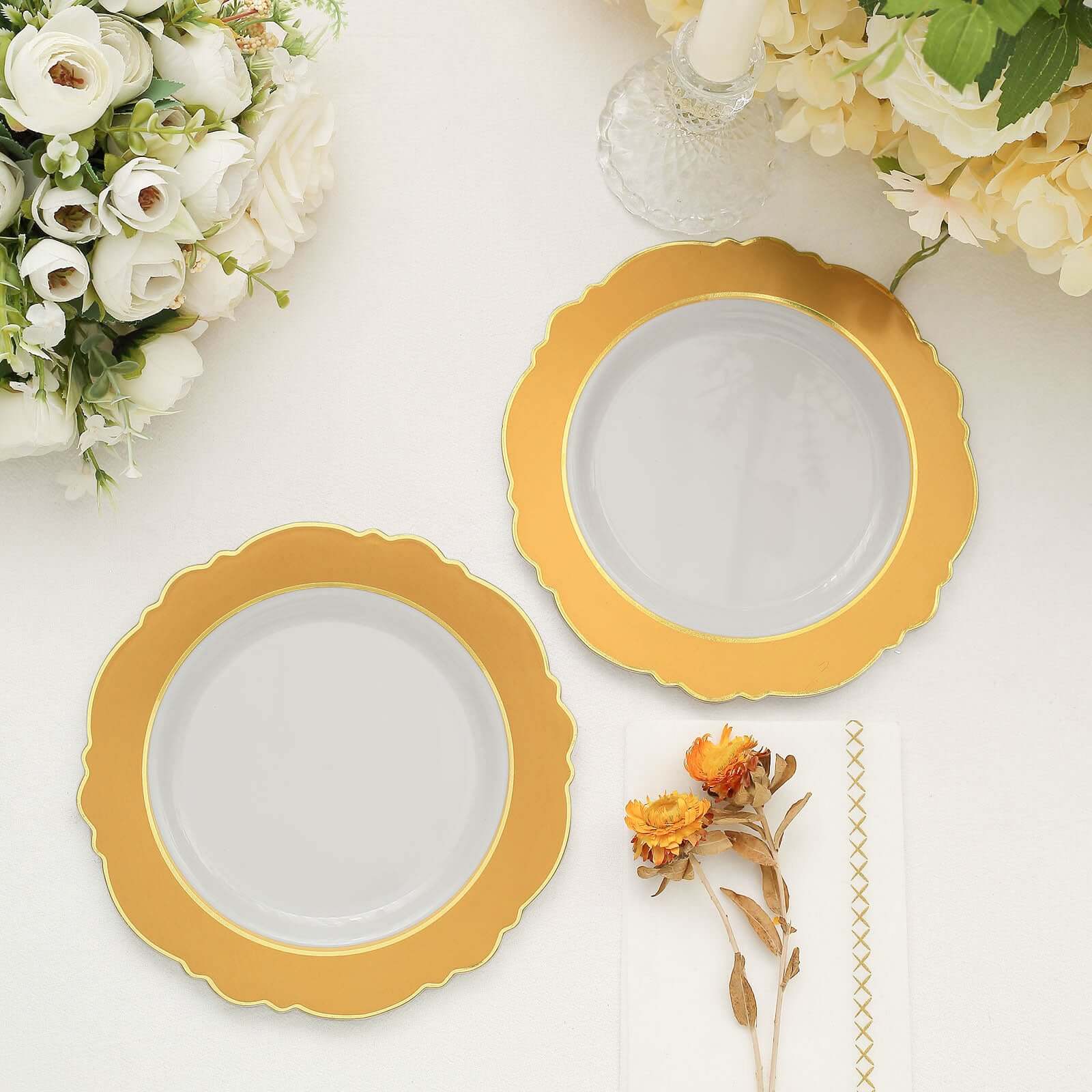 10-Pack Plastic Round Dessert Plates 8" White with Gold Blossom Design & Gold Edging - Disposable Salad Appetizer Plates for Modern & Sophisticated Tablescape - Image 10