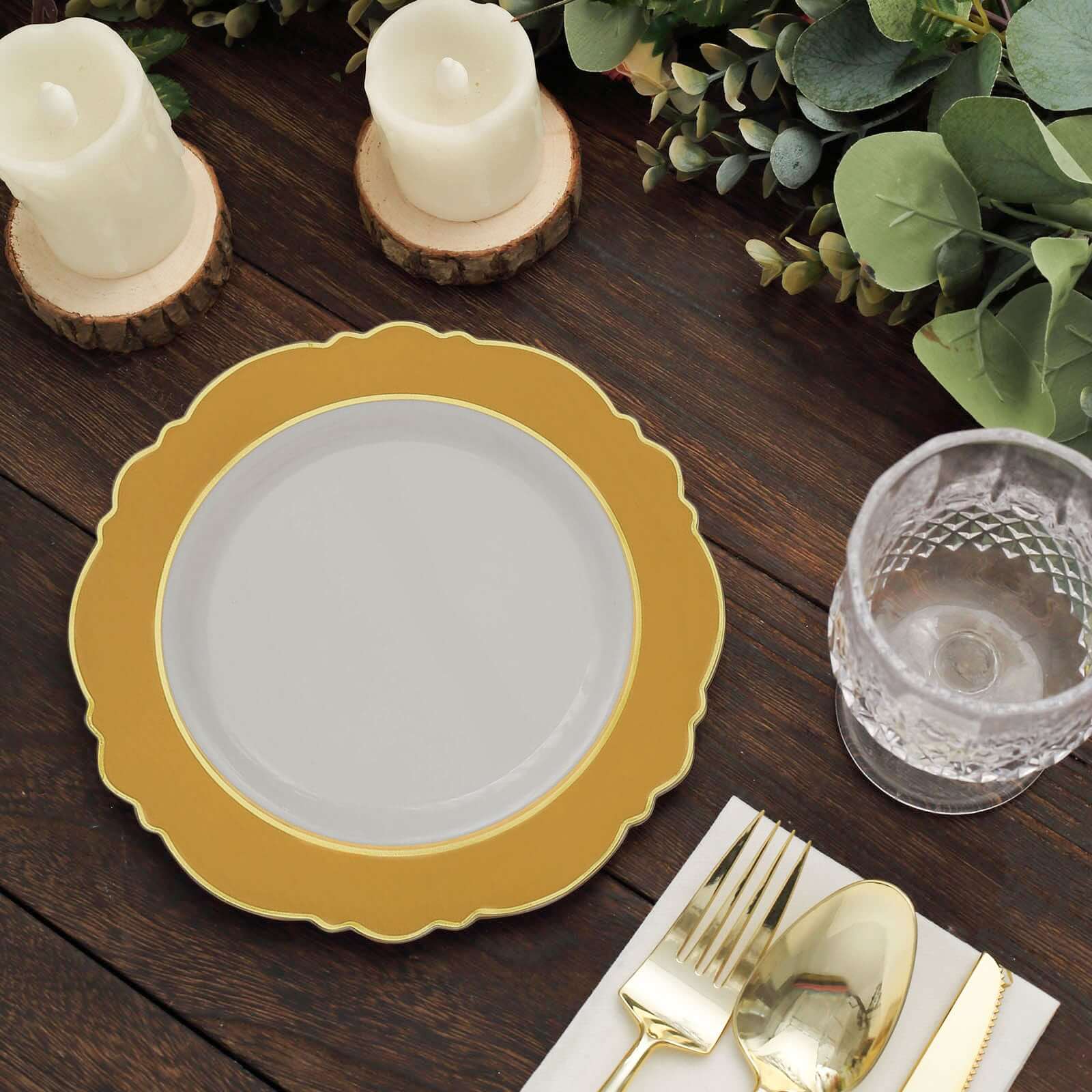 10-Pack Plastic Round Dessert Plates 8" White with Gold Blossom Design & Gold Edging - Disposable Salad Appetizer Plates for Modern & Sophisticated Tablescape - Image 11