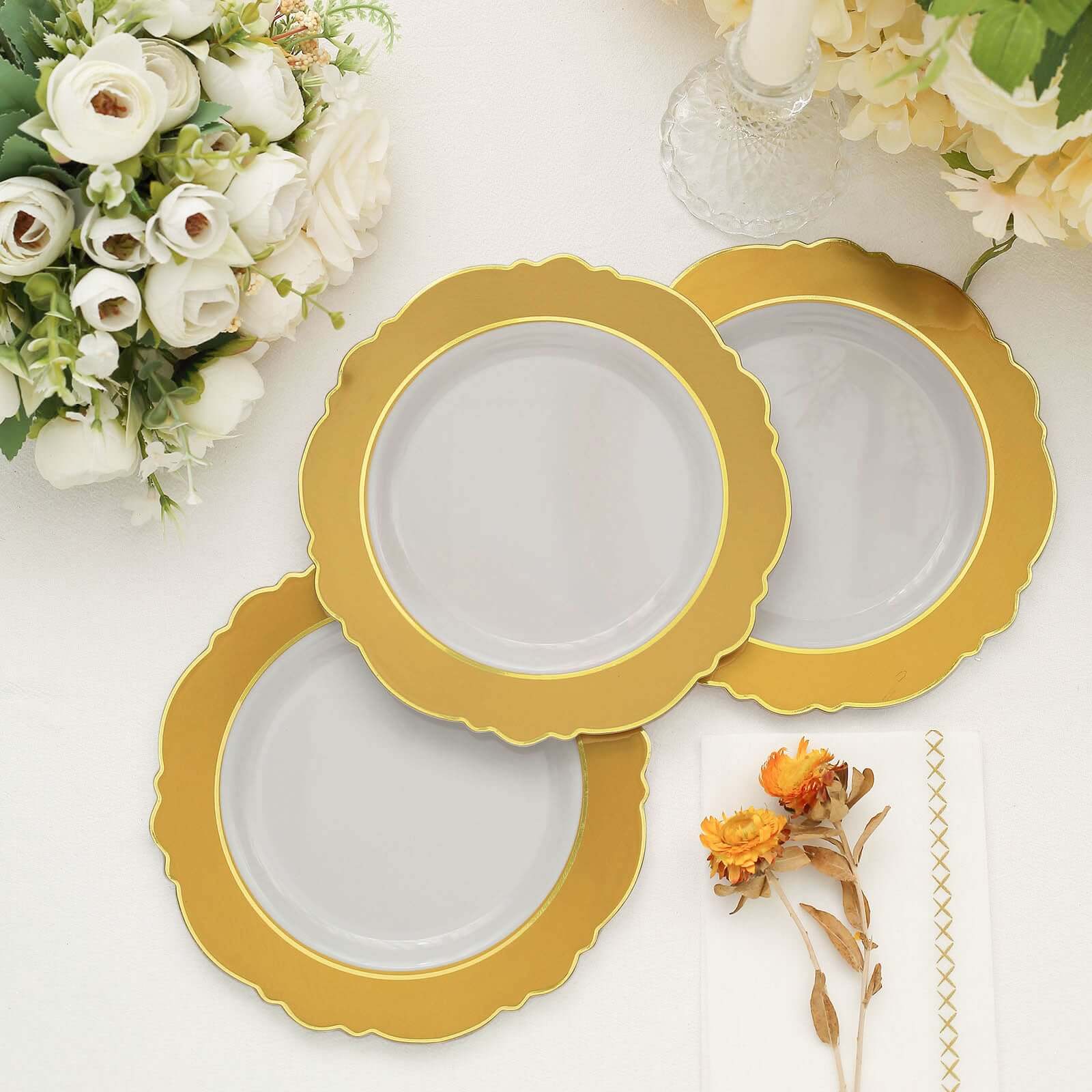 10-Pack Plastic Round Dessert Plates 8" White with Gold Blossom Design & Gold Edging - Disposable Salad Appetizer Plates for Modern & Sophisticated Tablescape - Image 12