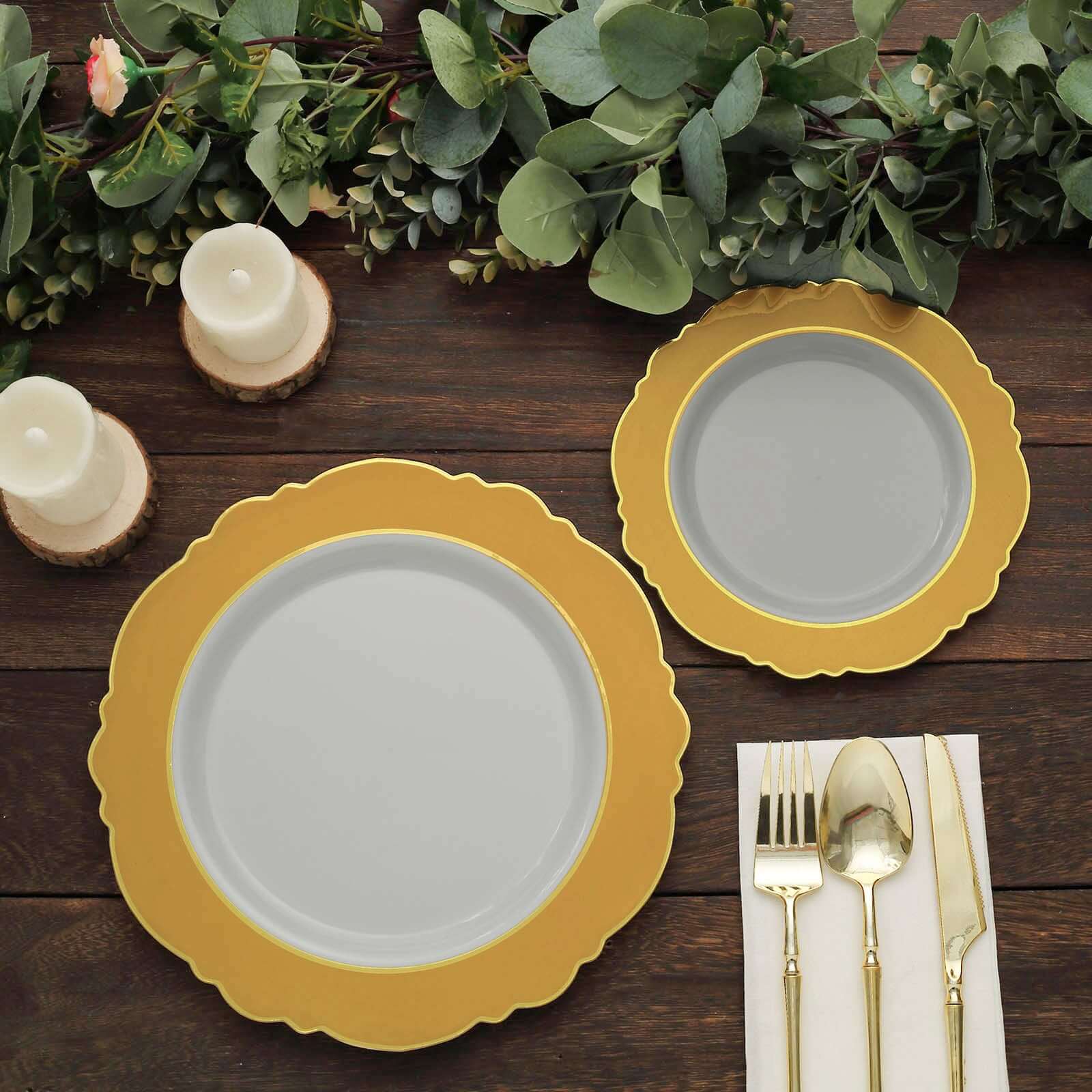 10-Pack Plastic Round Dessert Plates 8" White with Gold Blossom Design & Gold Edging - Disposable Salad Appetizer Plates for Modern & Sophisticated Tablescape - Image 13