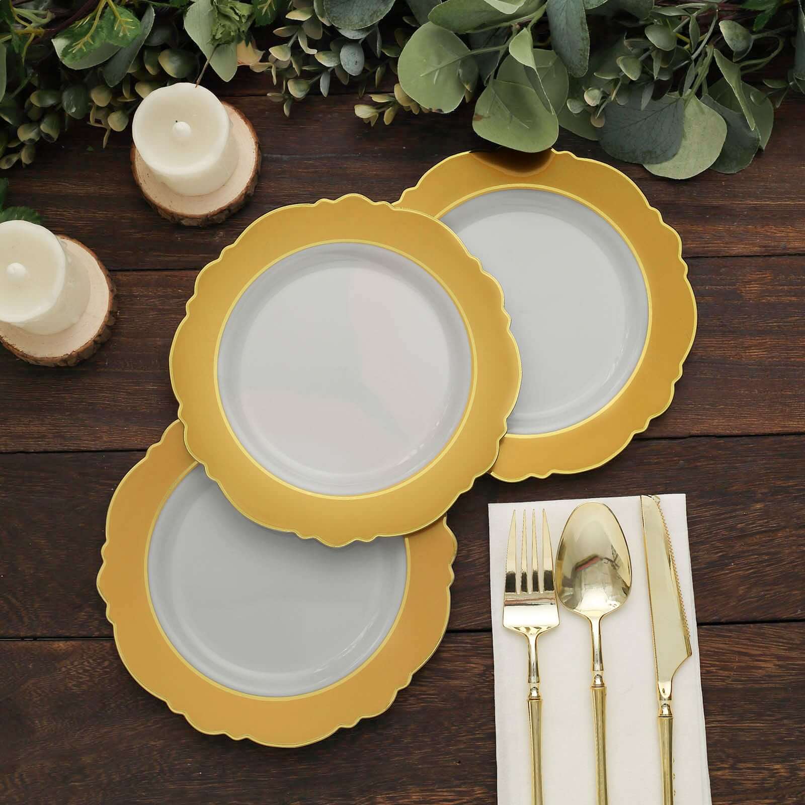 10-Pack Plastic Round Dessert Plates 8" White with Gold Blossom Design & Gold Edging - Disposable Salad Appetizer Plates for Modern & Sophisticated Tablescape - Image 14