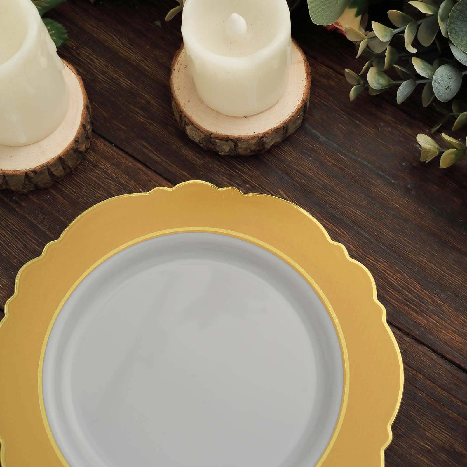 10-Pack Plastic Round Dessert Plates 8" White with Gold Blossom Design & Gold Edging - Disposable Salad Appetizer Plates for Modern & Sophisticated Tablescape - Image 15