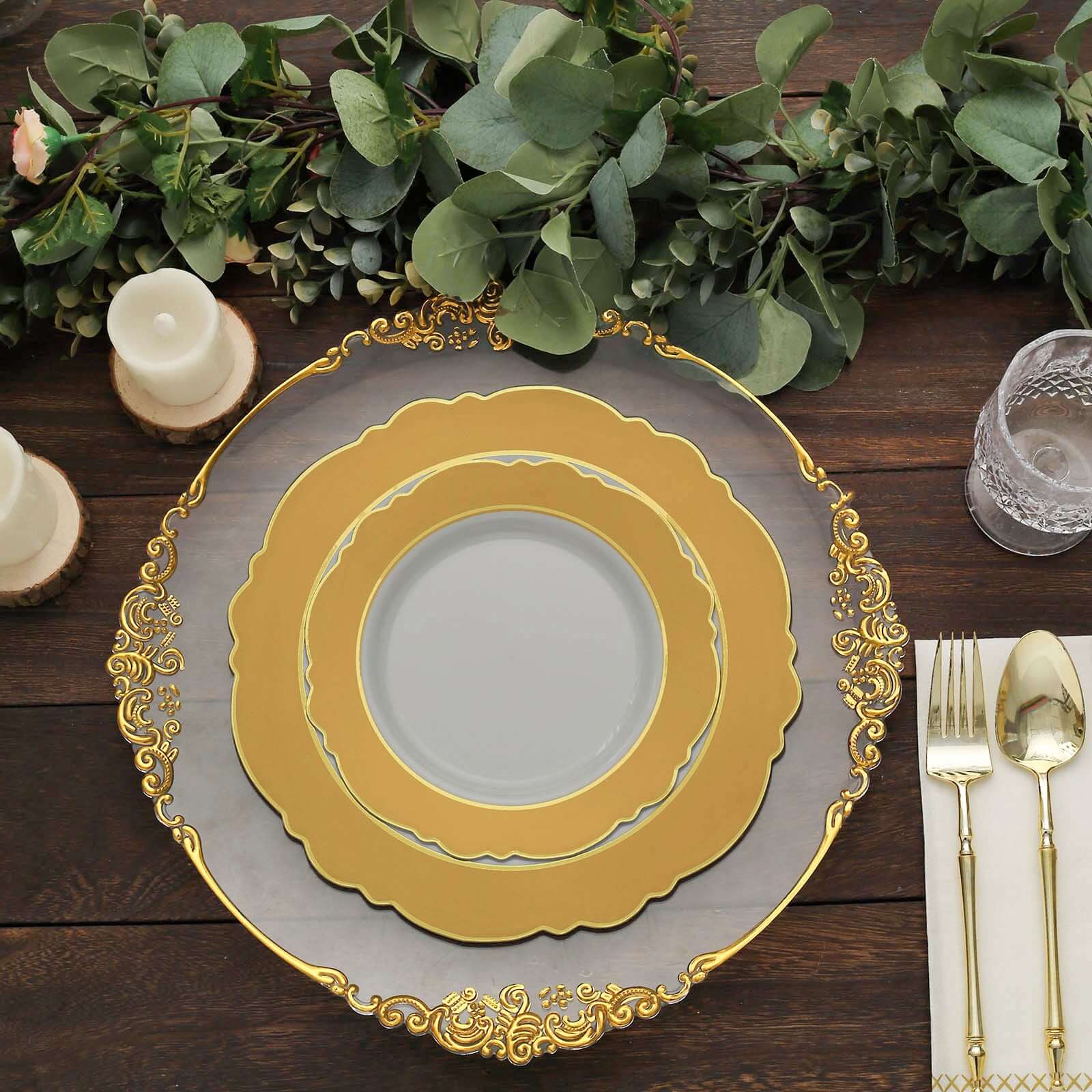 10-Pack Plastic Round Dessert Plates 8" White with Gold Blossom Design & Gold Edging - Disposable Salad Appetizer Plates for Modern & Sophisticated Tablescape - Image 2