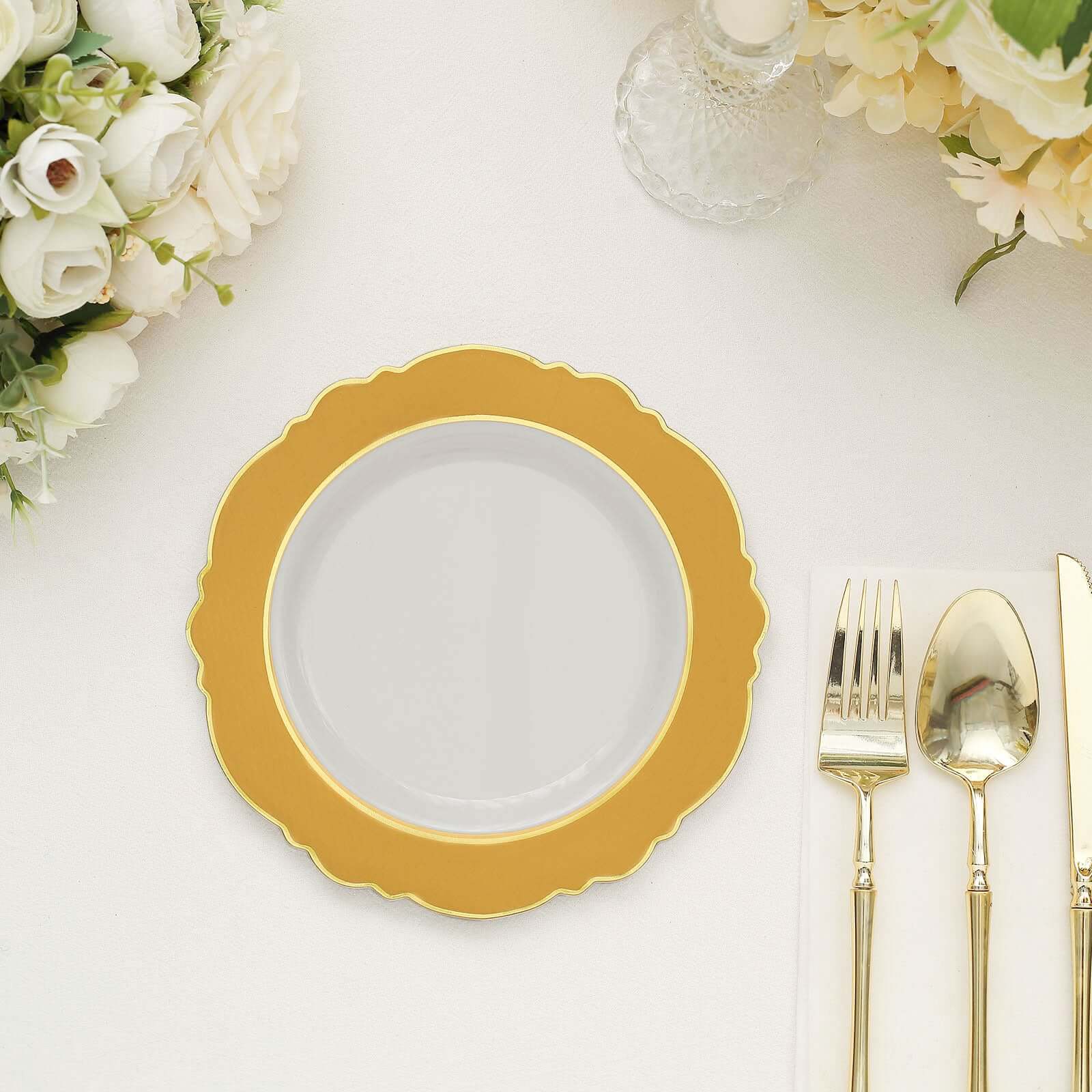 10-Pack Plastic Round Dessert Plates 8" White with Gold Blossom Design & Gold Edging - Disposable Salad Appetizer Plates for Modern & Sophisticated Tablescape - Image 8