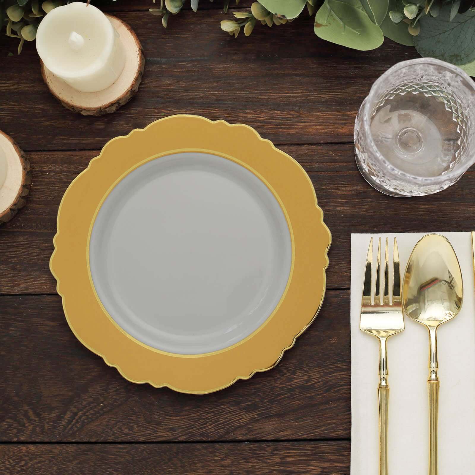 10-Pack Plastic Round Dessert Plates 8" White with Gold Blossom Design & Gold Edging - Disposable Salad Appetizer Plates for Modern & Sophisticated Tablescape - Image 9
