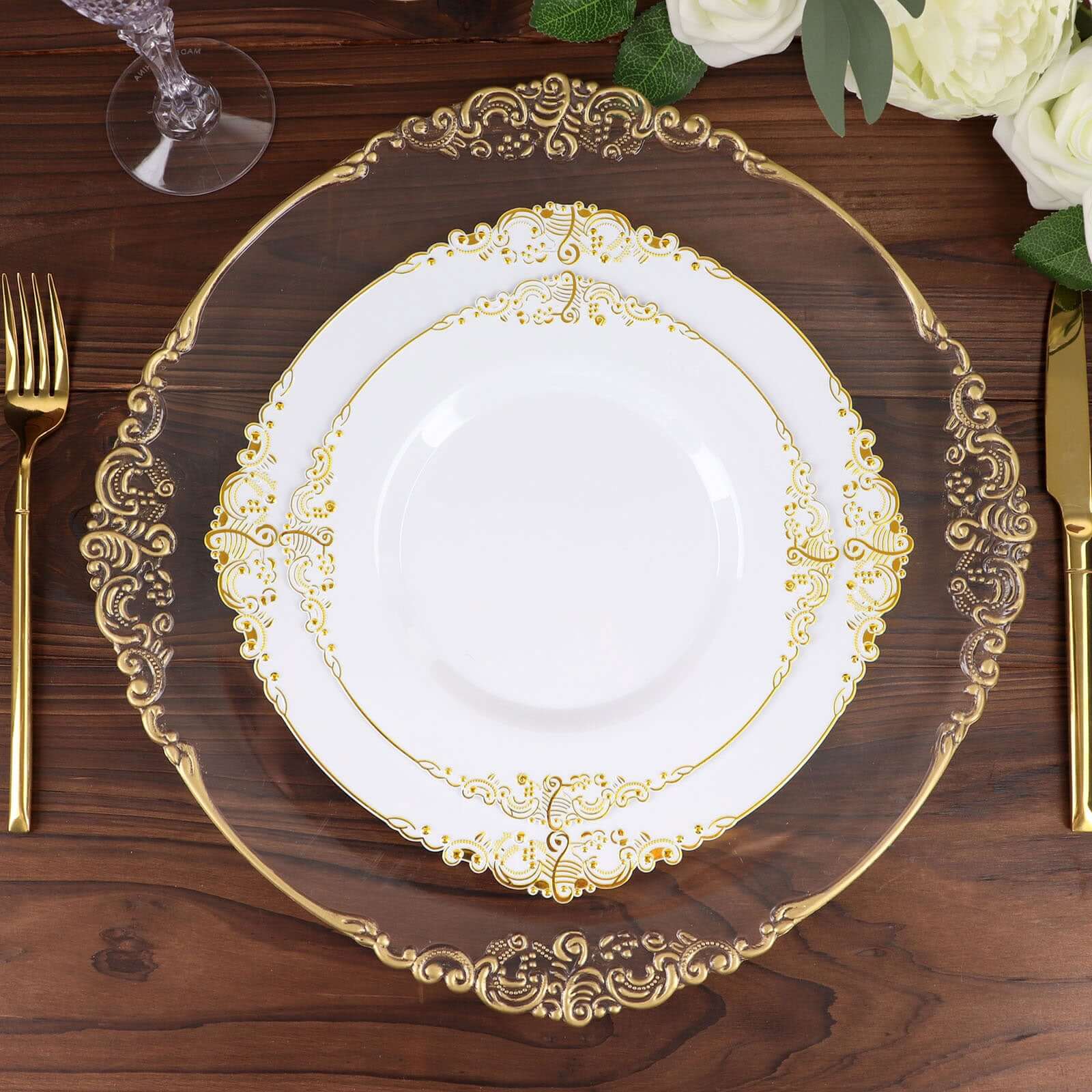 10-Pack Plastic Round Dessert Plates 8" White with Gold Leaf Embossed Rim - Vintage Baroque Style Disposable Salad Plates for Upscale Dining & Special Events - Image 2