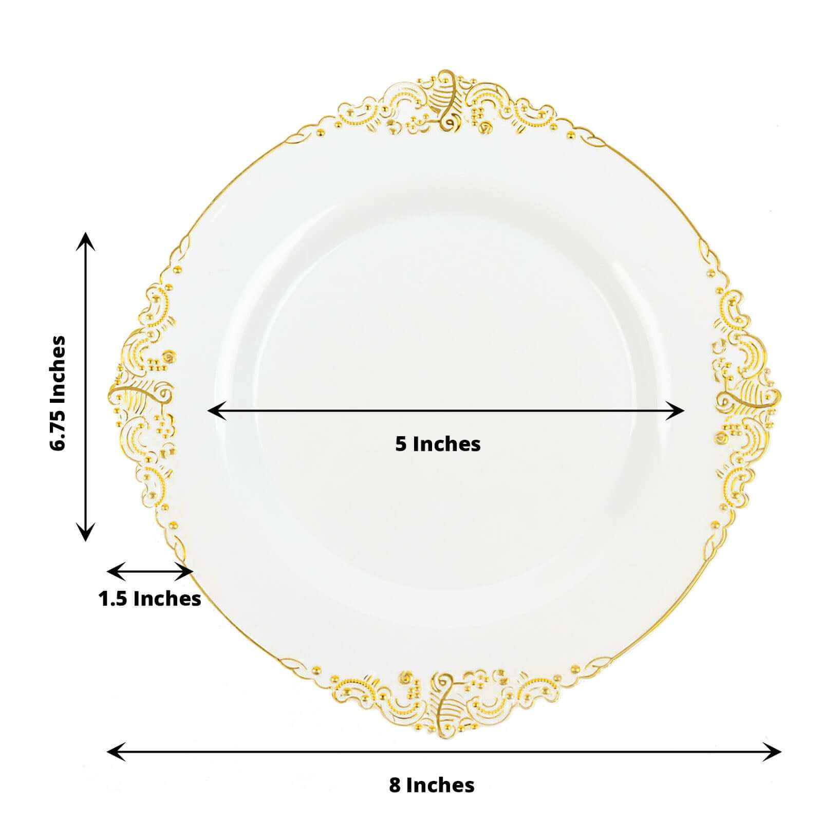 10-Pack Plastic Round Dessert Plates 8" White with Gold Leaf Embossed Rim - Vintage Baroque Style Disposable Salad Plates for Upscale Dining & Special Events - Image 3