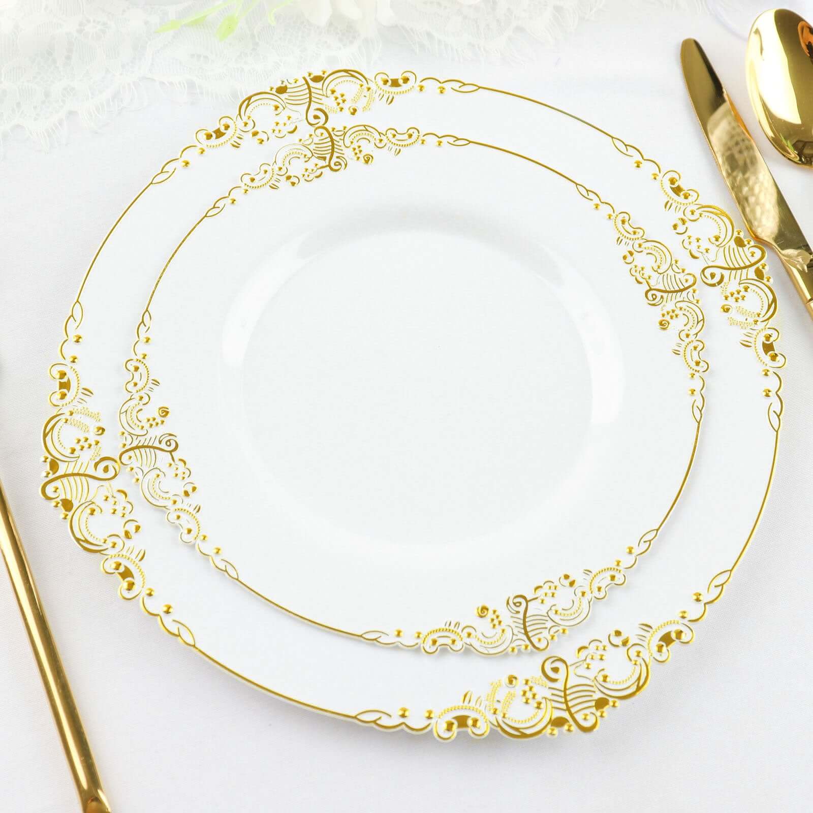 10-Pack Plastic Round Dessert Plates 8" White with Gold Leaf Embossed Rim - Vintage Baroque Style Disposable Salad Plates for Upscale Dining & Special Events - Image 6