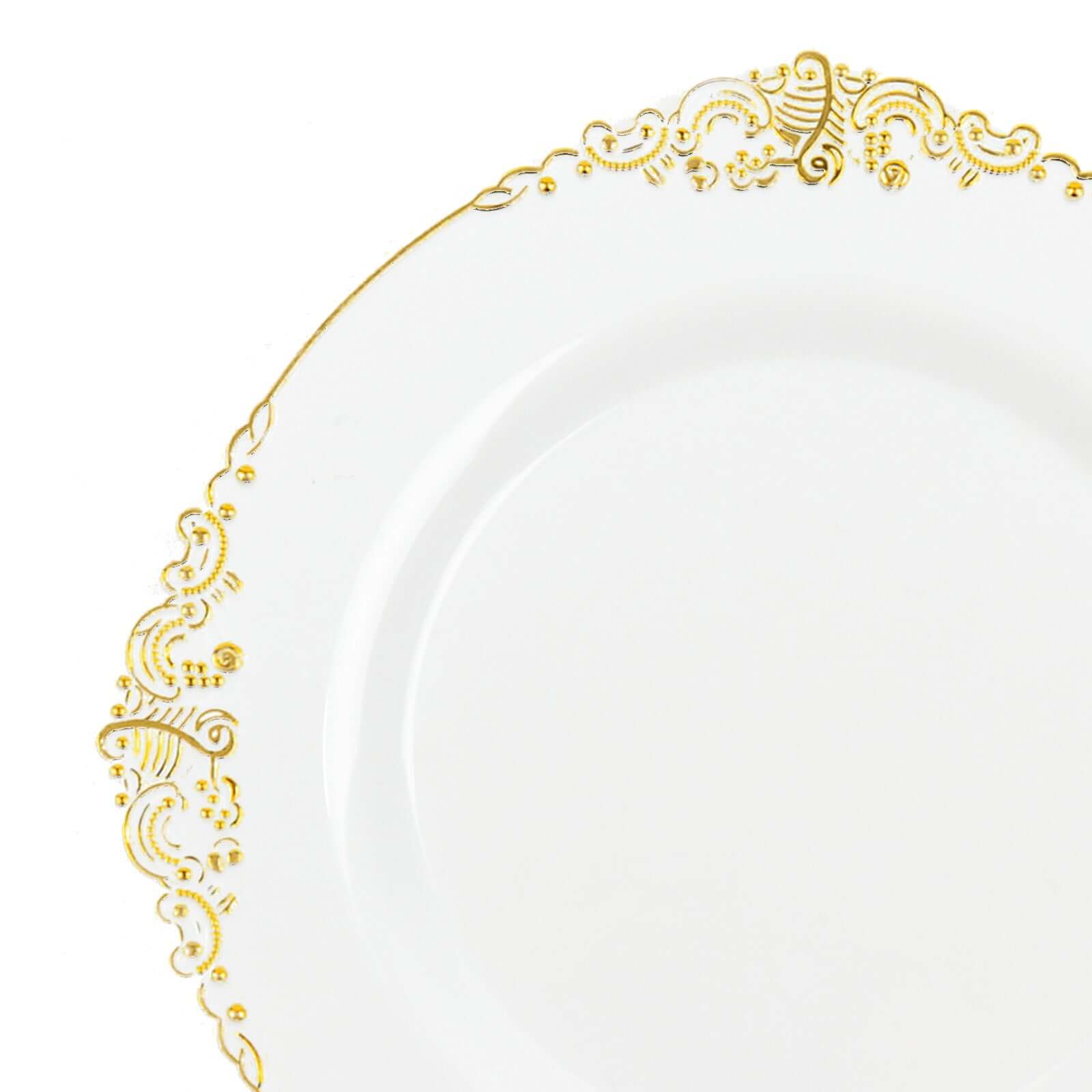 10-Pack Plastic Round Dessert Plates 8" White with Gold Leaf Embossed Rim - Vintage Baroque Style Disposable Salad Plates for Upscale Dining & Special Events - Image 8