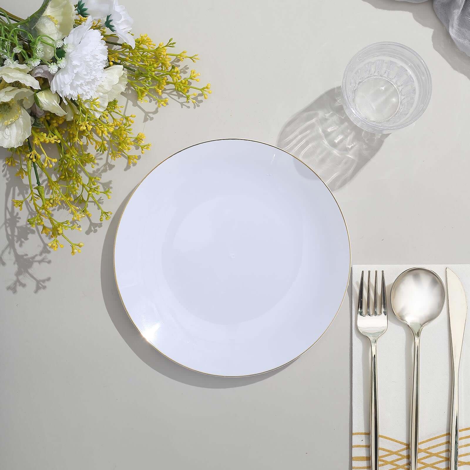 10-Pack Plastic Round Dessert Plates 8" White with Gold Rim - Glossy Disposable Appetizer Salad Plates for Weddings & Celebrations - Image 2