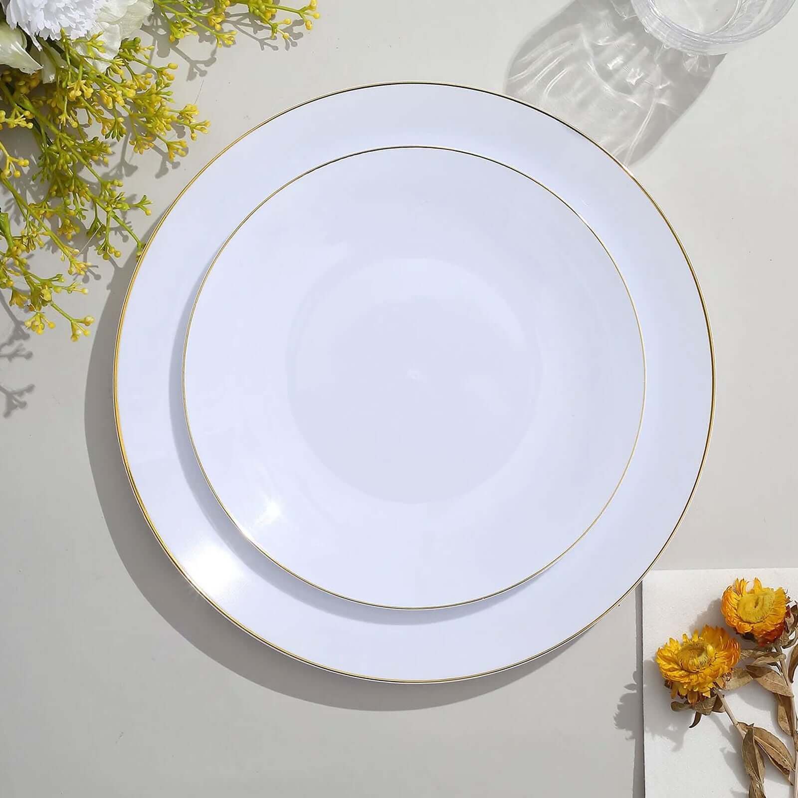 10-Pack Plastic Round Dessert Plates 8" White with Gold Rim - Glossy Disposable Appetizer Salad Plates for Weddings & Celebrations - Image 6