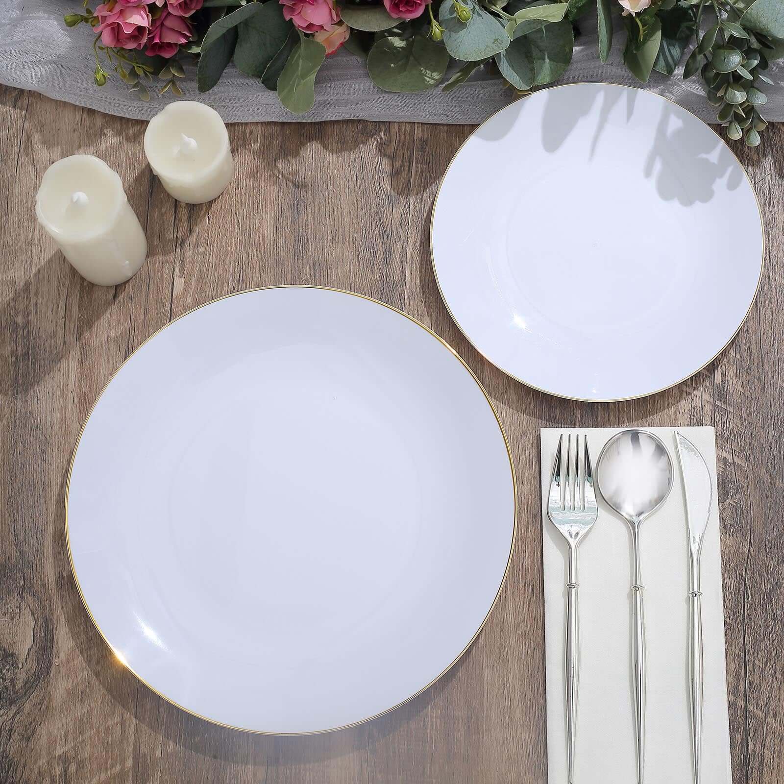 10-Pack Plastic Round Dessert Plates 8" White with Gold Rim - Glossy Disposable Appetizer Salad Plates for Weddings & Celebrations - Image 8