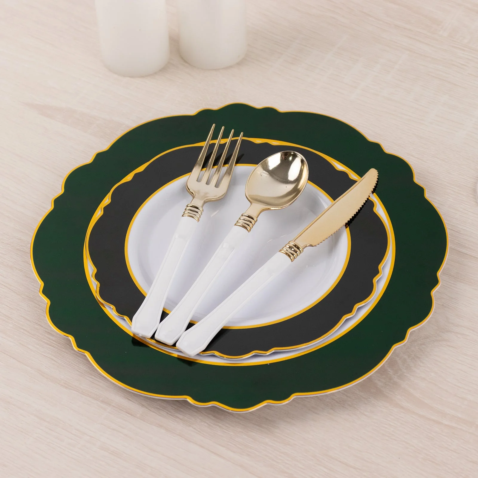 10-Pack Plastic Round Dessert Plates 8" White with Hunter Emerald Green Blossom Design & Gold Edging - Disposable Salad Appetizer Plates - Image 11