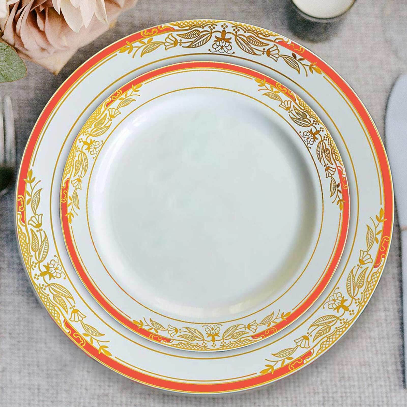 10-Pack Plastic Round Dessert Plates 8" White with Red Rim and Gold Vine Design - Stylish Disposable Salad/Appetizer Plates for Modern & Sophisticated Table Decor