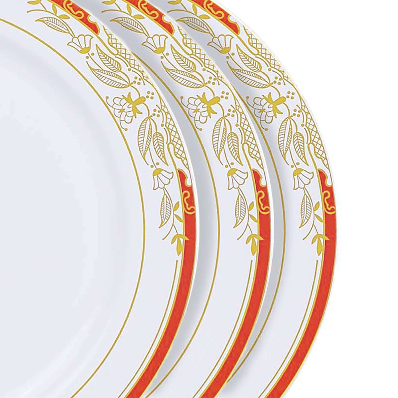 10-Pack Plastic Round Dessert Plates 8" White with Red Rim and Gold Vine Design - Stylish Disposable Salad/Appetizer Plates for Modern & Sophisticated Table Decor - Image 12