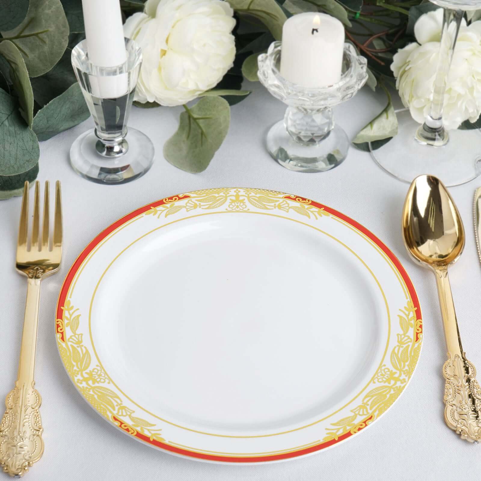 10-Pack Plastic Round Dessert Plates 8" White with Red Rim and Gold Vine Design - Stylish Disposable Salad/Appetizer Plates for Modern & Sophisticated Table Decor - Image 5