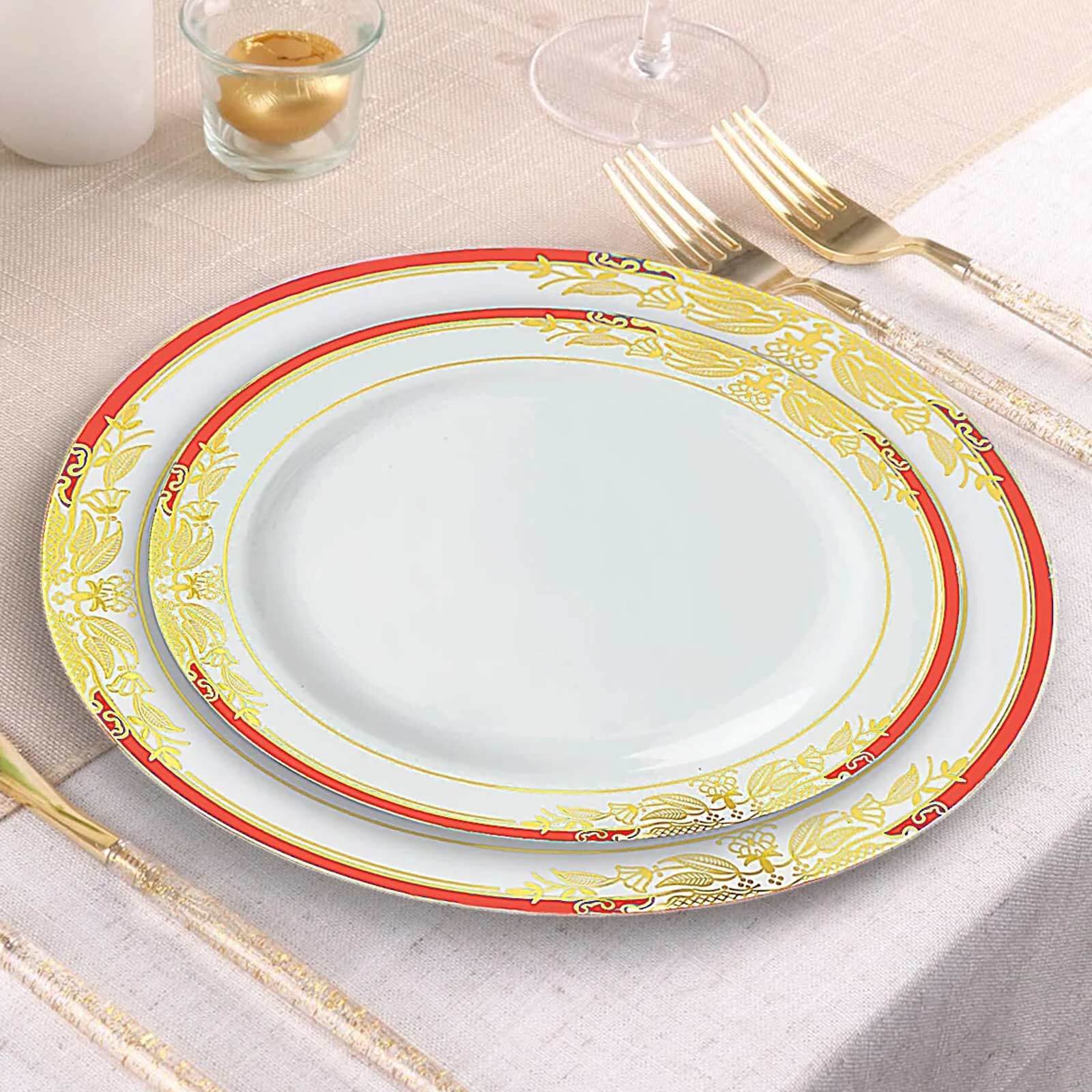 10-Pack Plastic Round Dessert Plates 8" White with Red Rim and Gold Vine Design - Stylish Disposable Salad/Appetizer Plates for Modern & Sophisticated Table Decor - Image 6