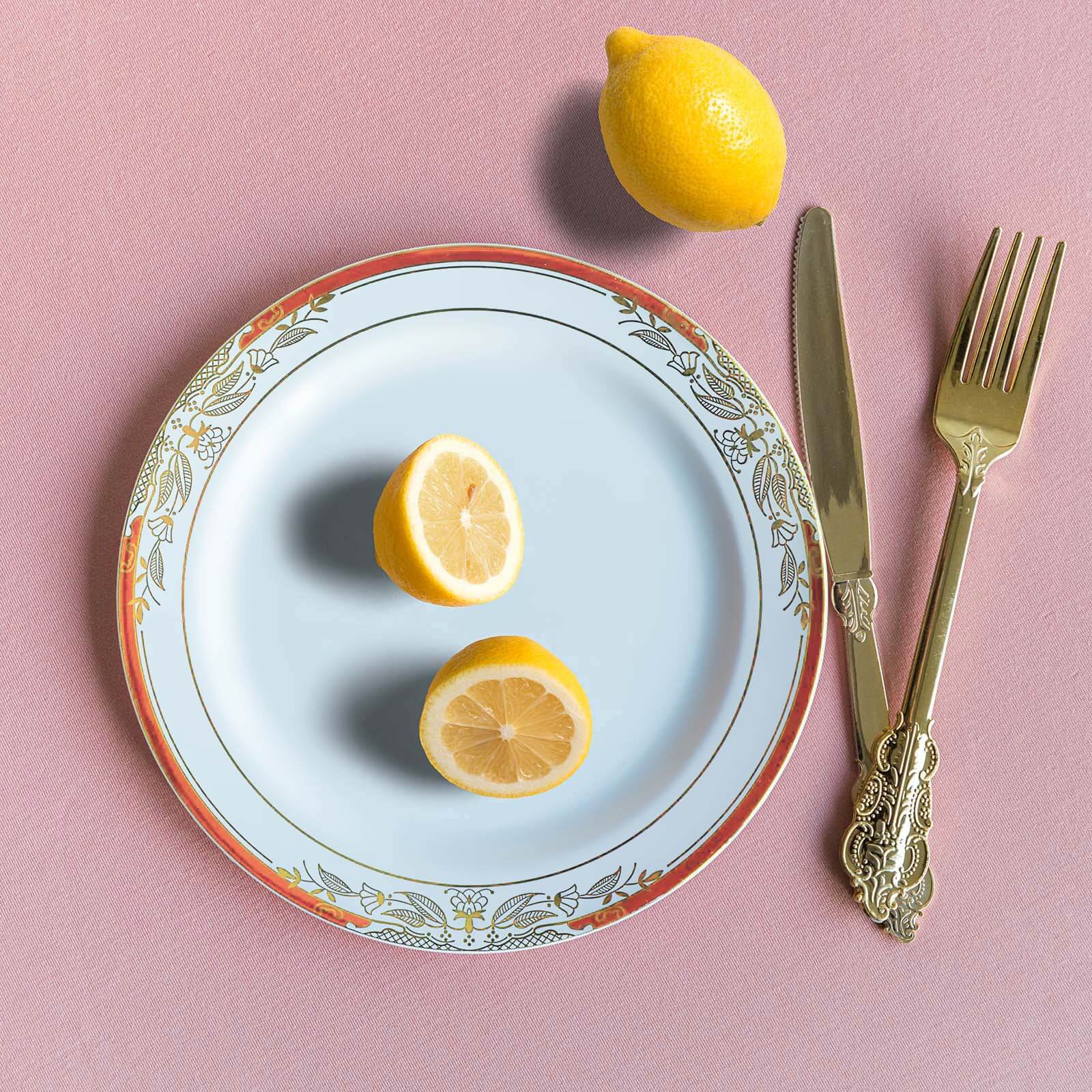 10-Pack Plastic Round Dessert Plates 8" White with Red Rim and Gold Vine Design - Stylish Disposable Salad/Appetizer Plates for Modern & Sophisticated Table Decor - Image 8