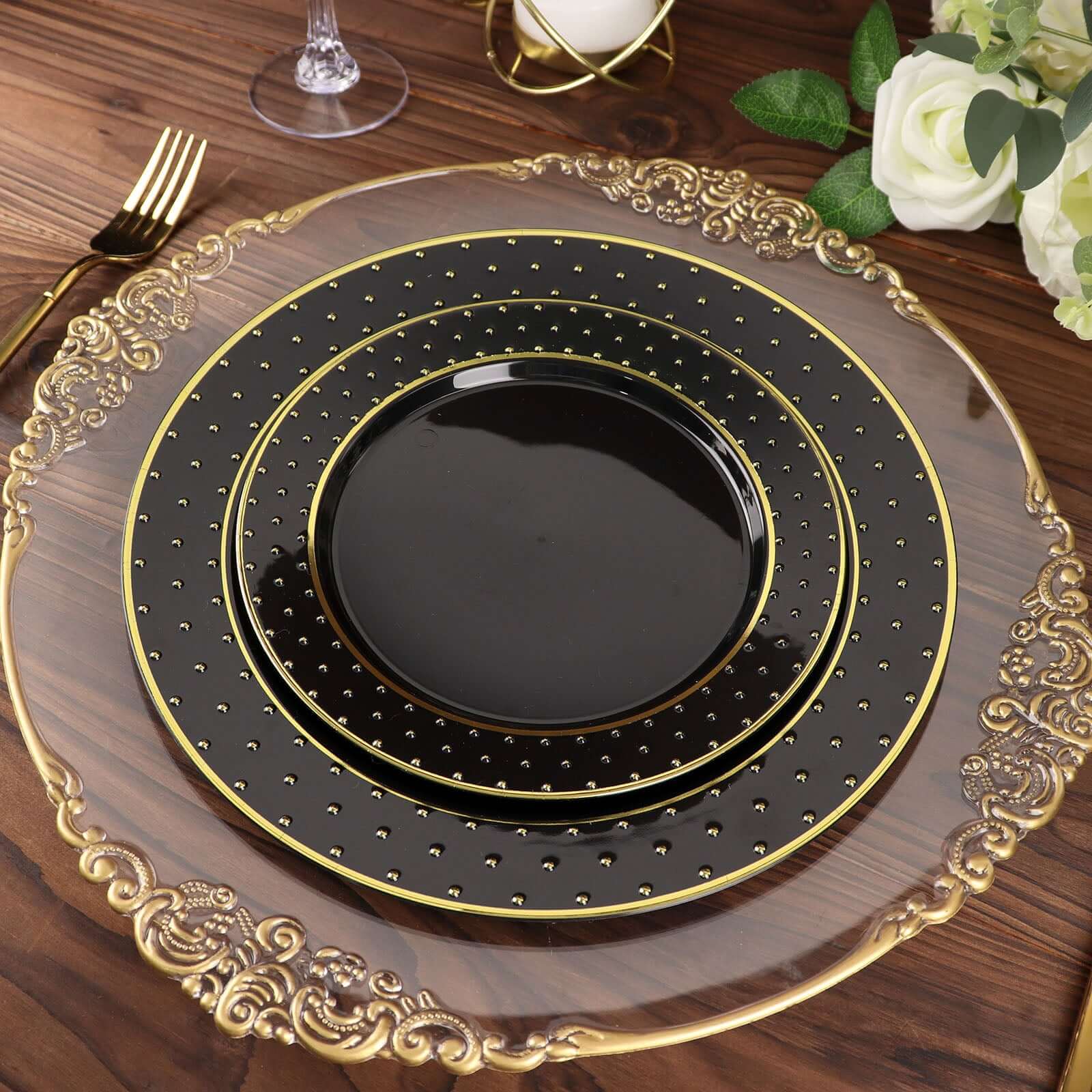 10-Pack Plastic Round Dinner Plates 10" Black with Gold 3D Polka Dotted Rim - Durable Disposable Party Plates for Sophisticated Events & Celebrations - Image 2