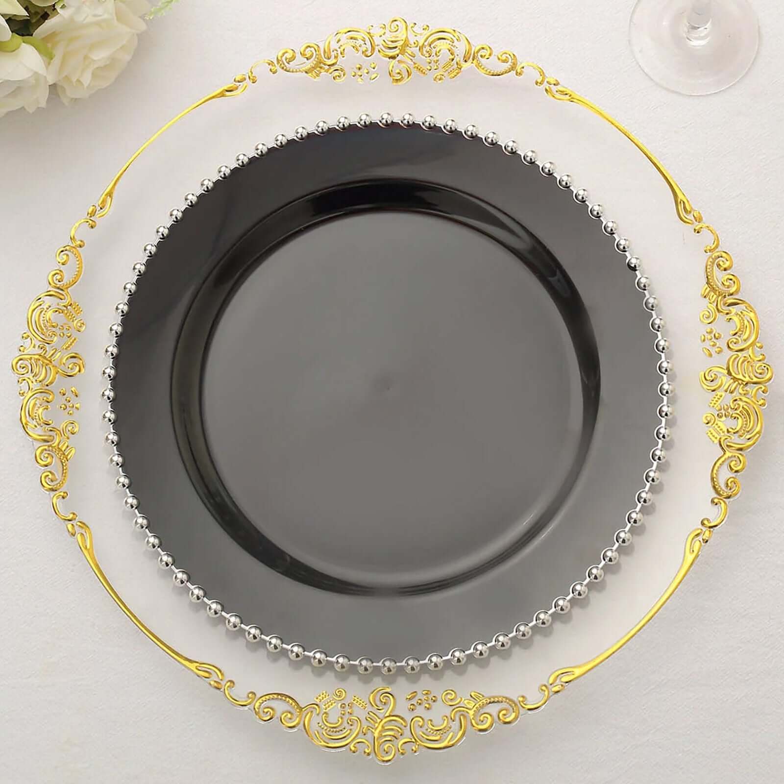 10-Pack Plastic Round Dinner Plates 10" Black with Silver Beaded Rim - Disposable Party Plates - Image 2