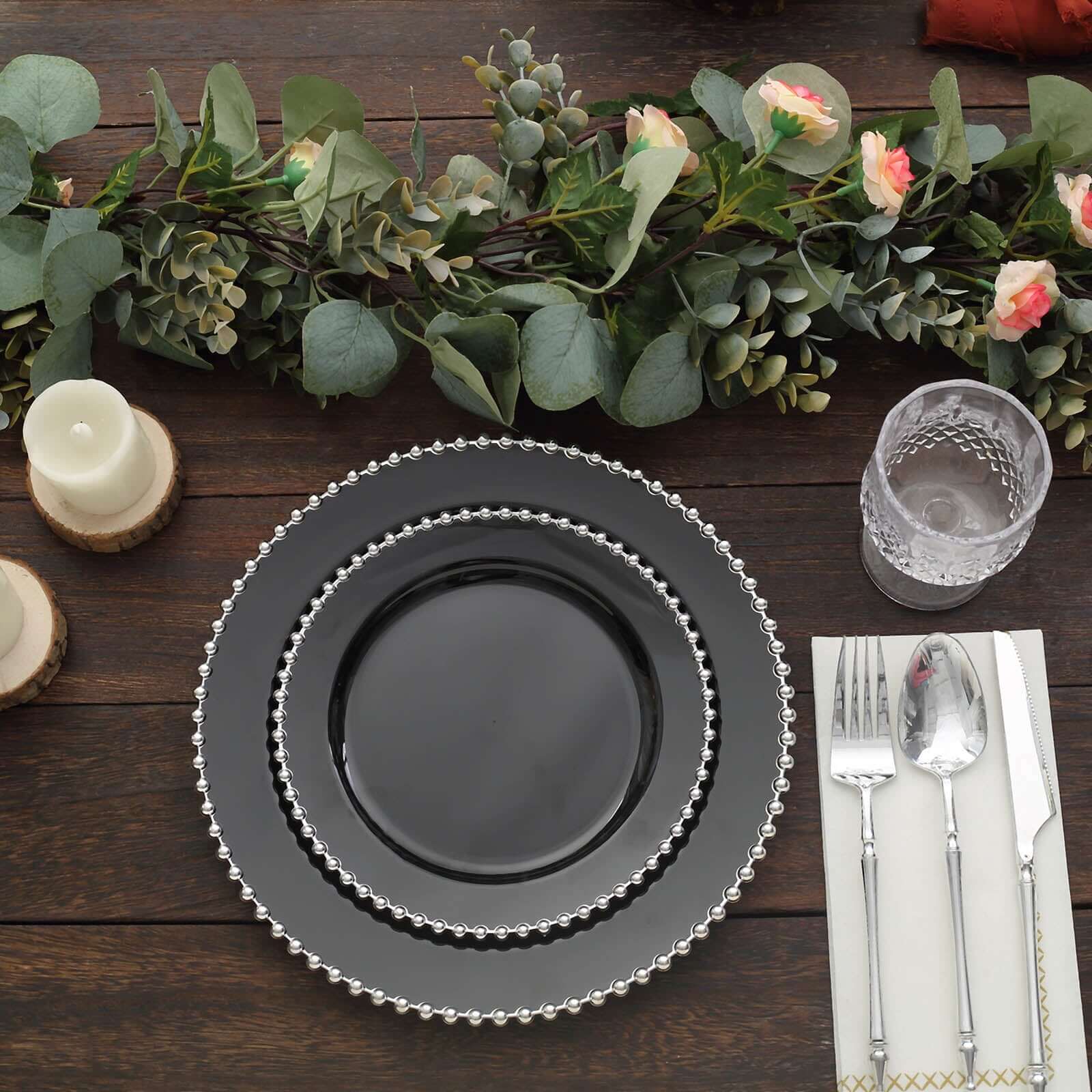 10-Pack Plastic Round Dinner Plates 10" Black with Silver Beaded Rim - Disposable Party Plates - Image 7