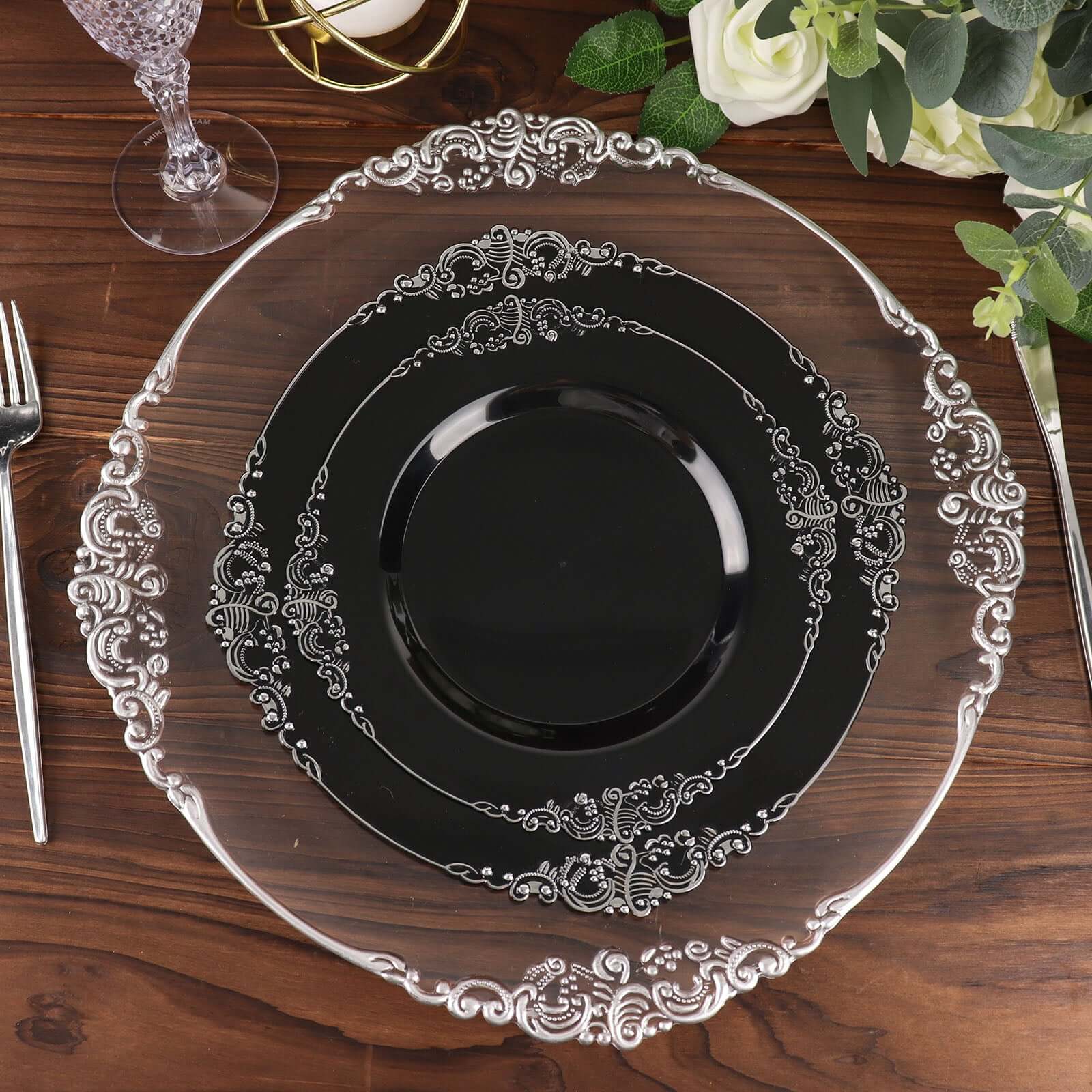 10-Pack Plastic Round Dinner Plates 10" Black with Silver Leaf Embossed Rim - Vintage Baroque Style Disposable Plates - Image 2