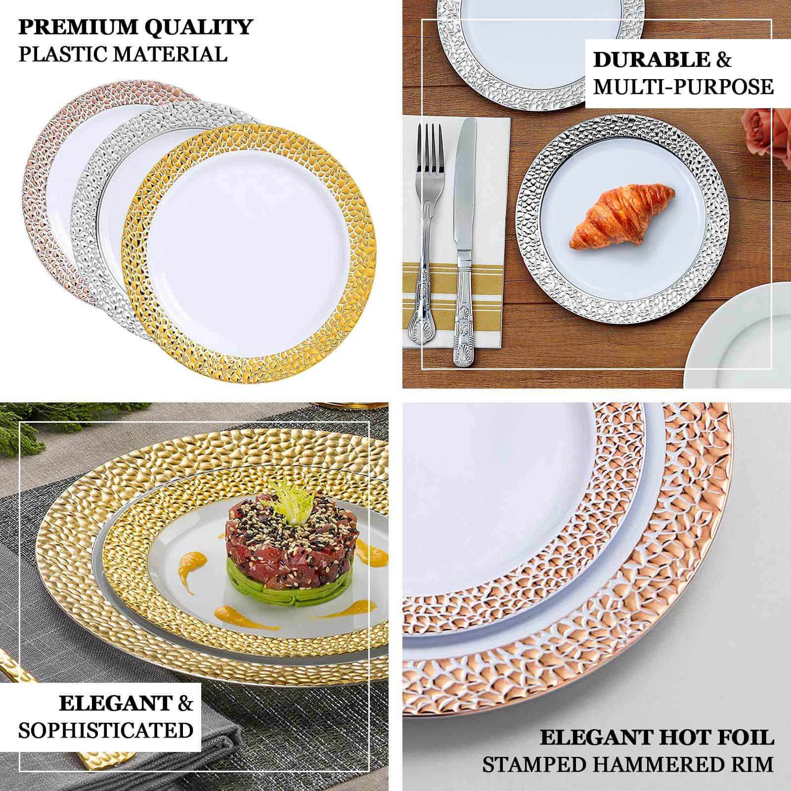10-Pack Plastic Round Dinner Plates 10" Blush Hammered Design with Gold Rim - Disposable Party Plates - Image 4