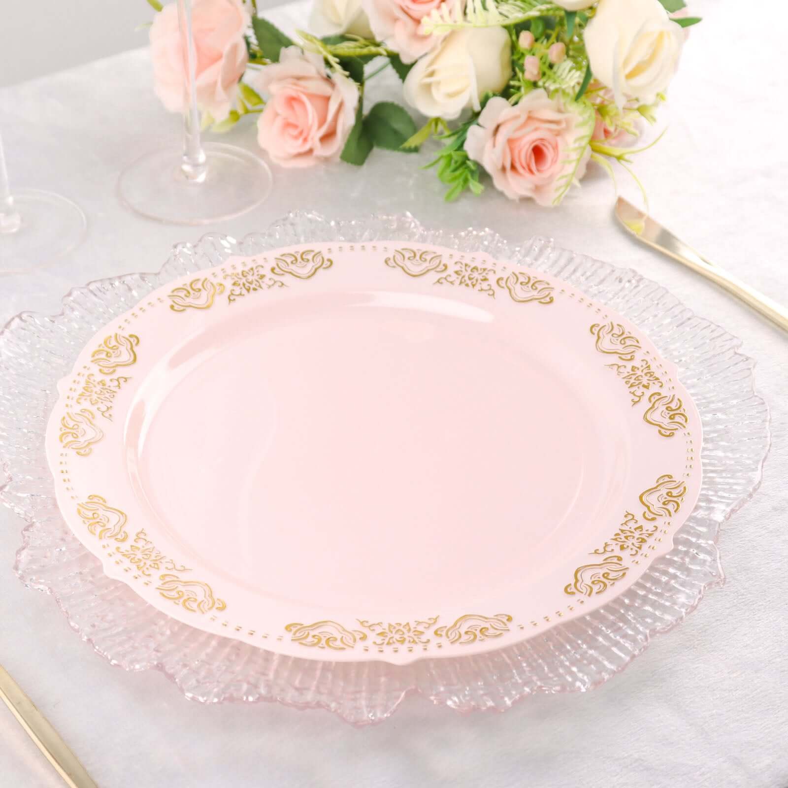 10-Pack Plastic Round Dinner Plates 10" Blush with Gold Embossed Scalloped Edge - Stylish Disposable Party Plates - Image 8