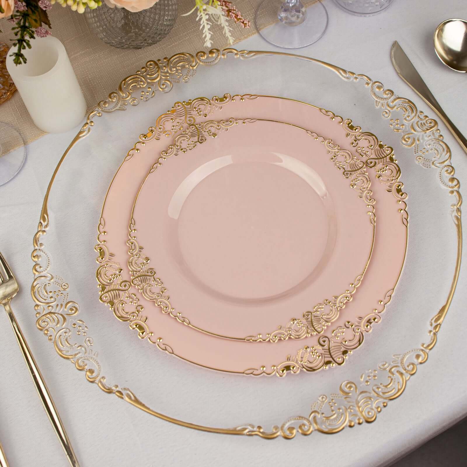10-Pack Plastic Round Dinner Plates 10" Blush with Gold Leaf Embossed Rim - Vintage Baroque Style Disposable Plates - Image 2
