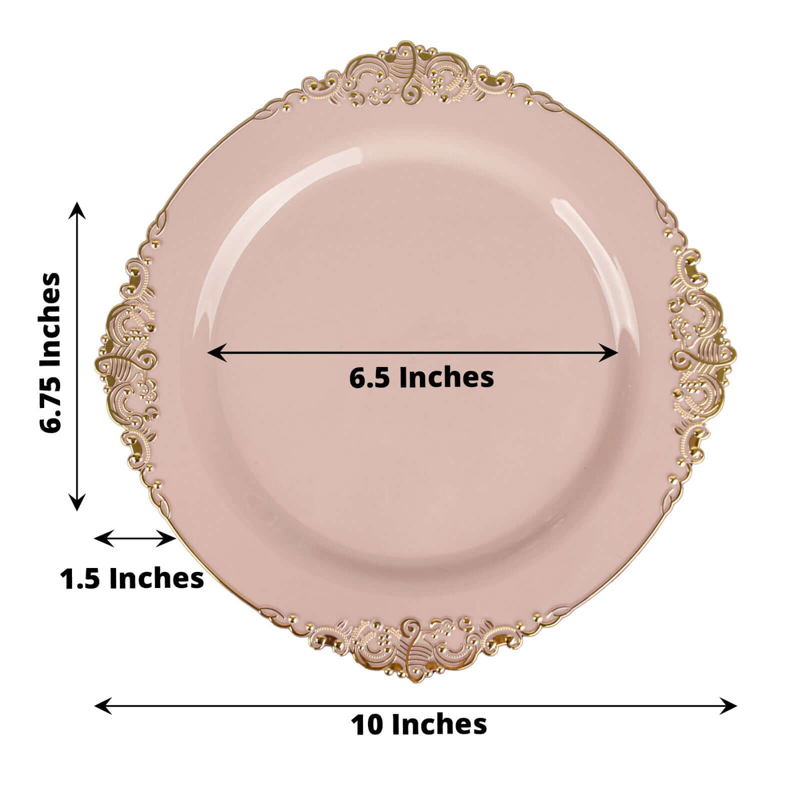 10-Pack Plastic Round Dinner Plates 10" Blush with Gold Leaf Embossed Rim - Vintage Baroque Style Disposable Plates - Image 3