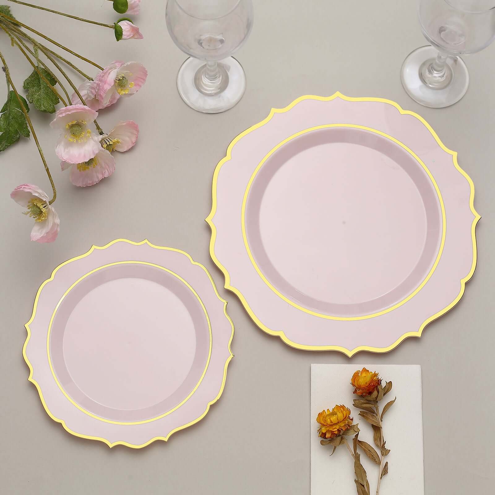 10-Pack Plastic Round Dinner Plates 10" Blush with Gold Scalloped Rim - Disposable Party Plates - Image 8