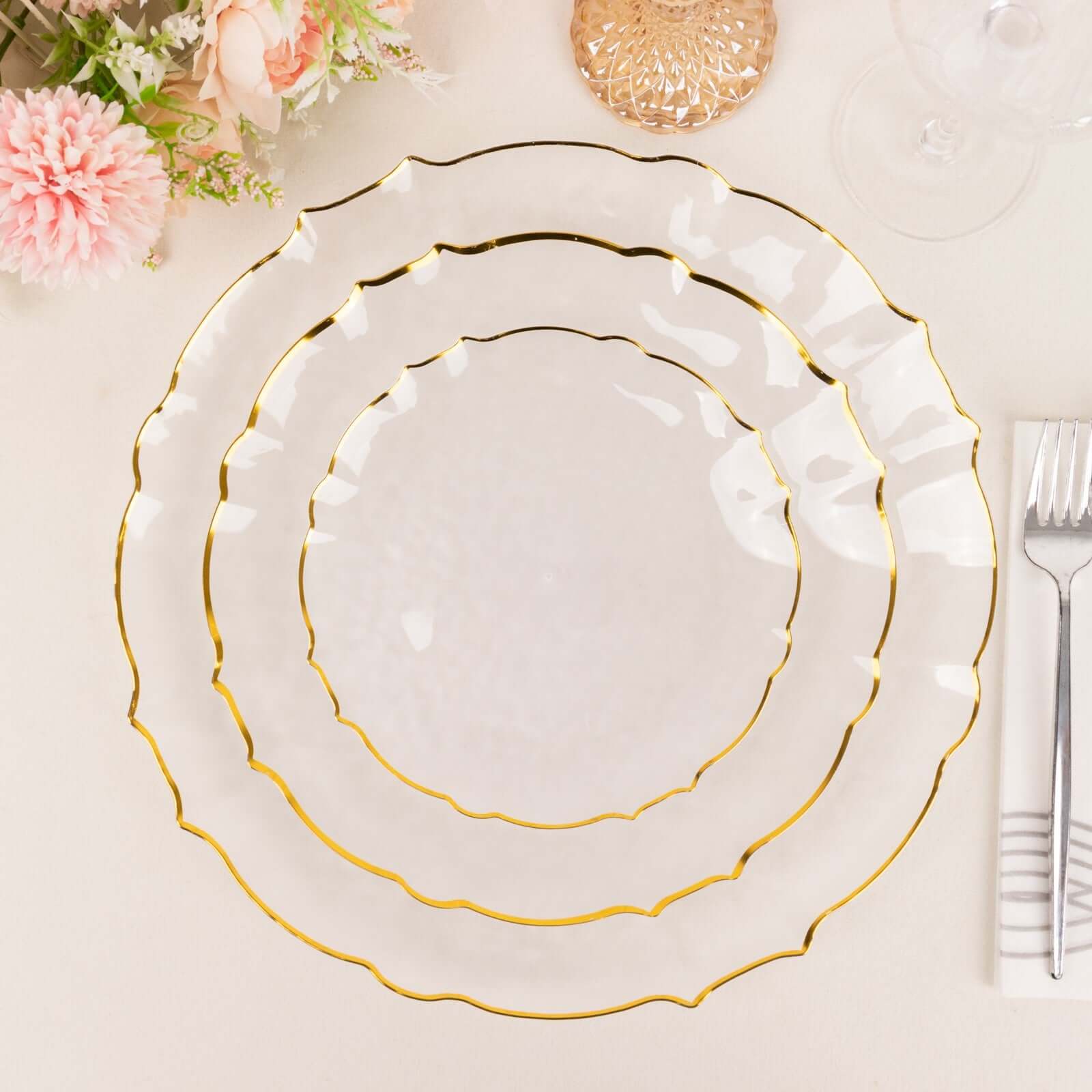 10-Pack Plastic Round Dinner Plates 10" Clear Sunflower with Gold Scalloped Rim - Disposable Party Plates for Sophisticated Events & Celebrations - Image 2