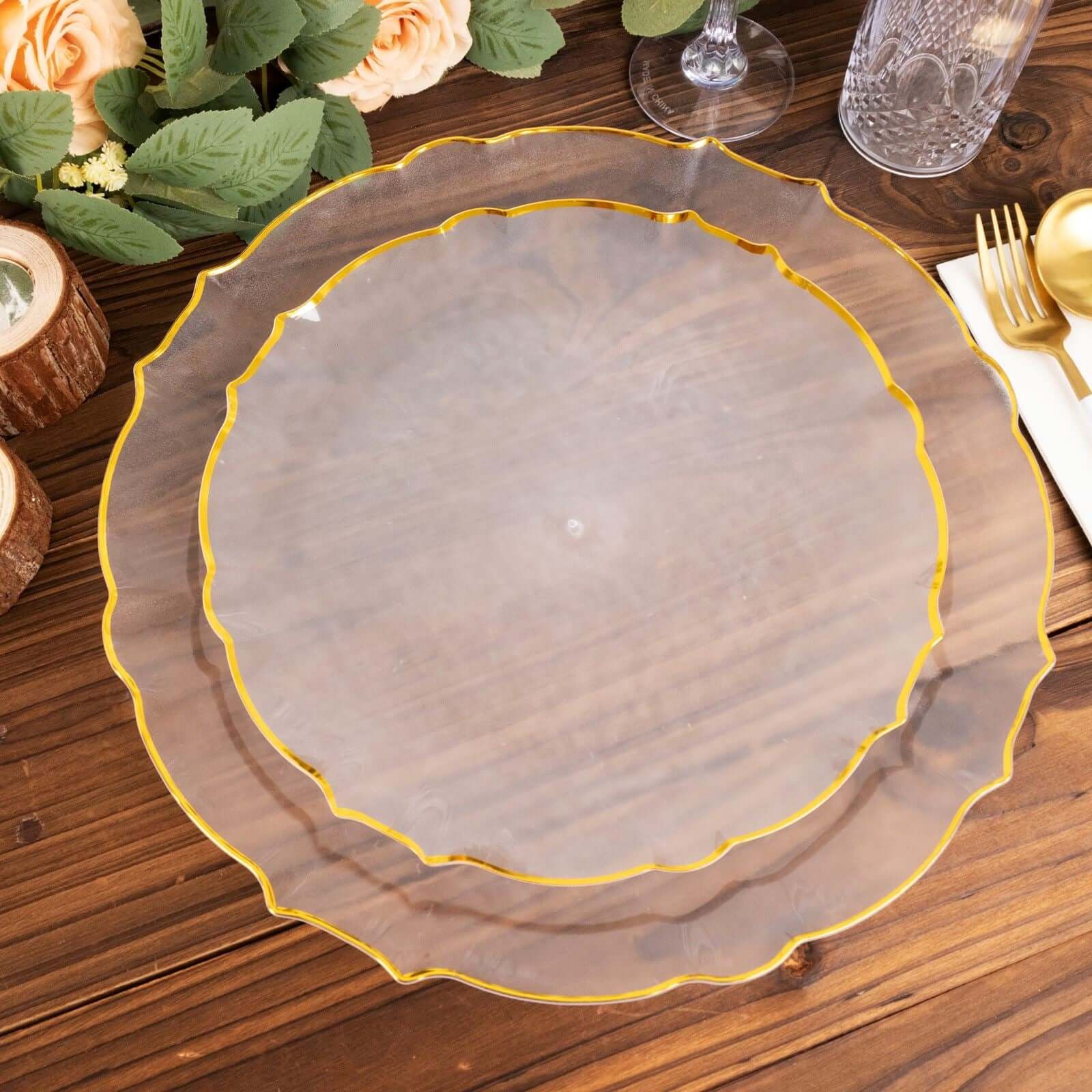 10-Pack Plastic Round Dinner Plates 10" Clear Sunflower with Gold Scalloped Rim - Disposable Party Plates for Sophisticated Events & Celebrations - Image 7